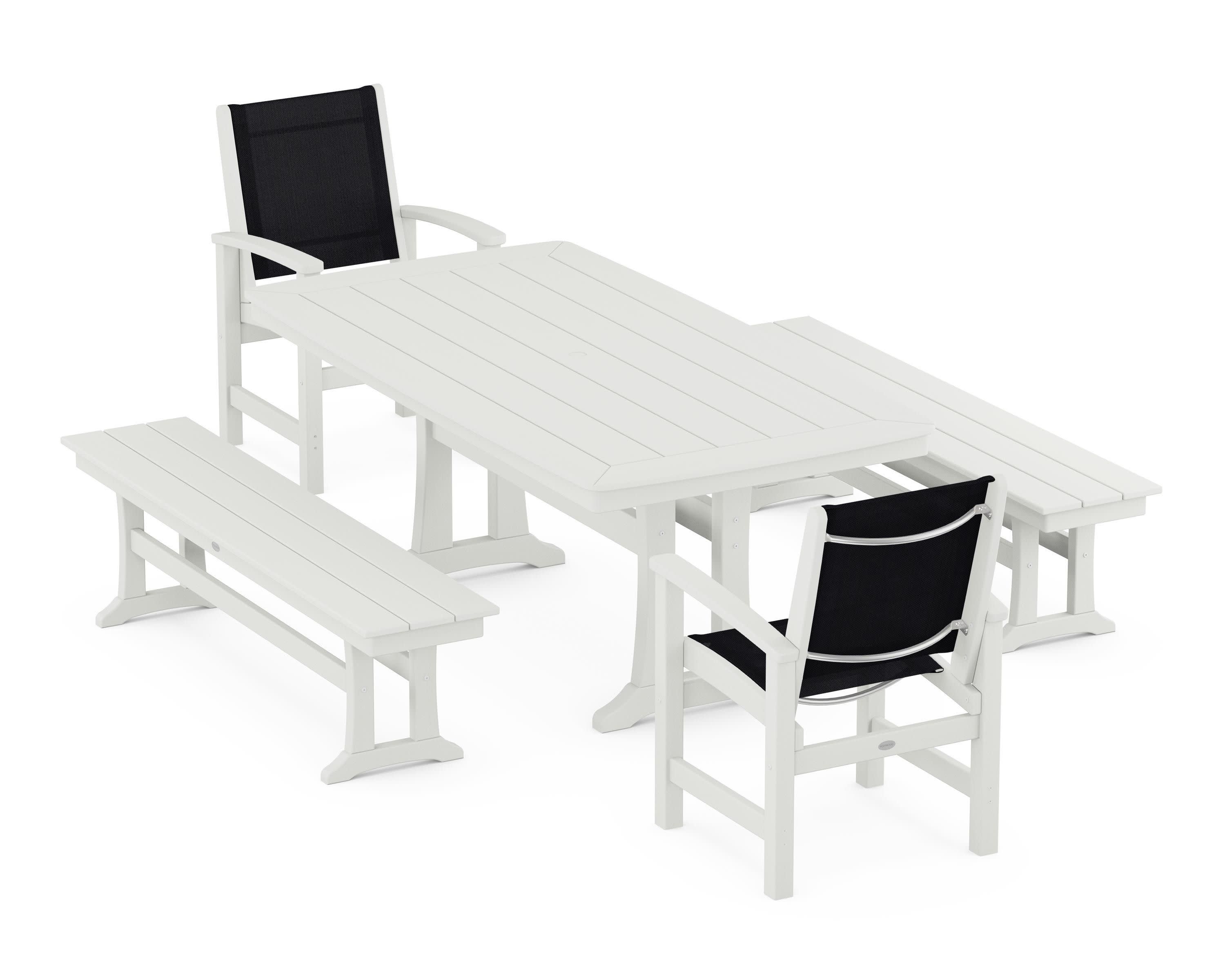 Coastal 5-Piece Dining Set with Trestle Legs and Benches in Vintage White / Black Sling