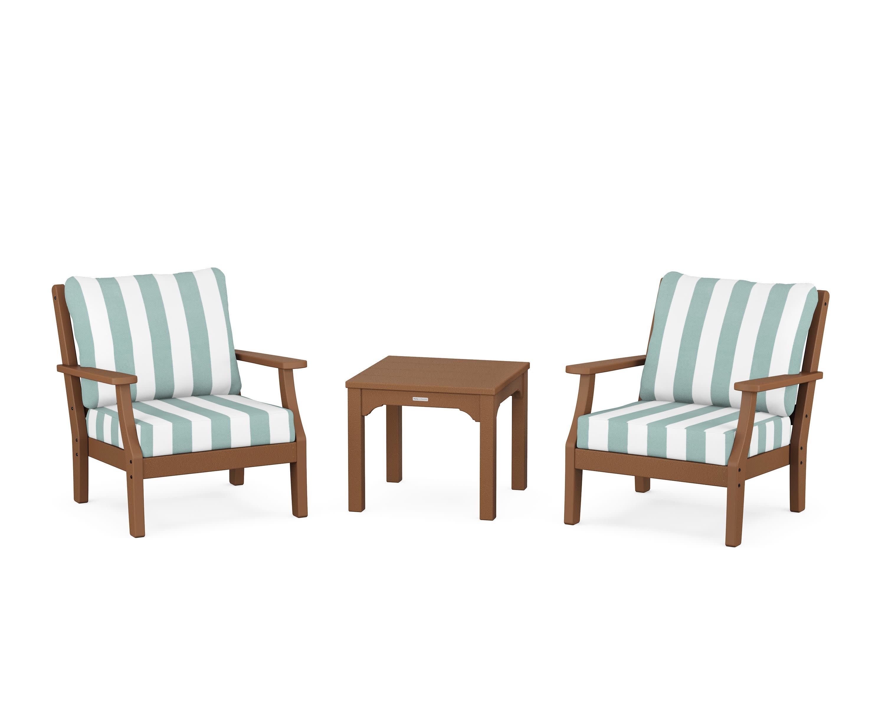 Chinoiserie 3-Piece Deep Seating Set in Teak / Cabana Stripe Glacier Spa