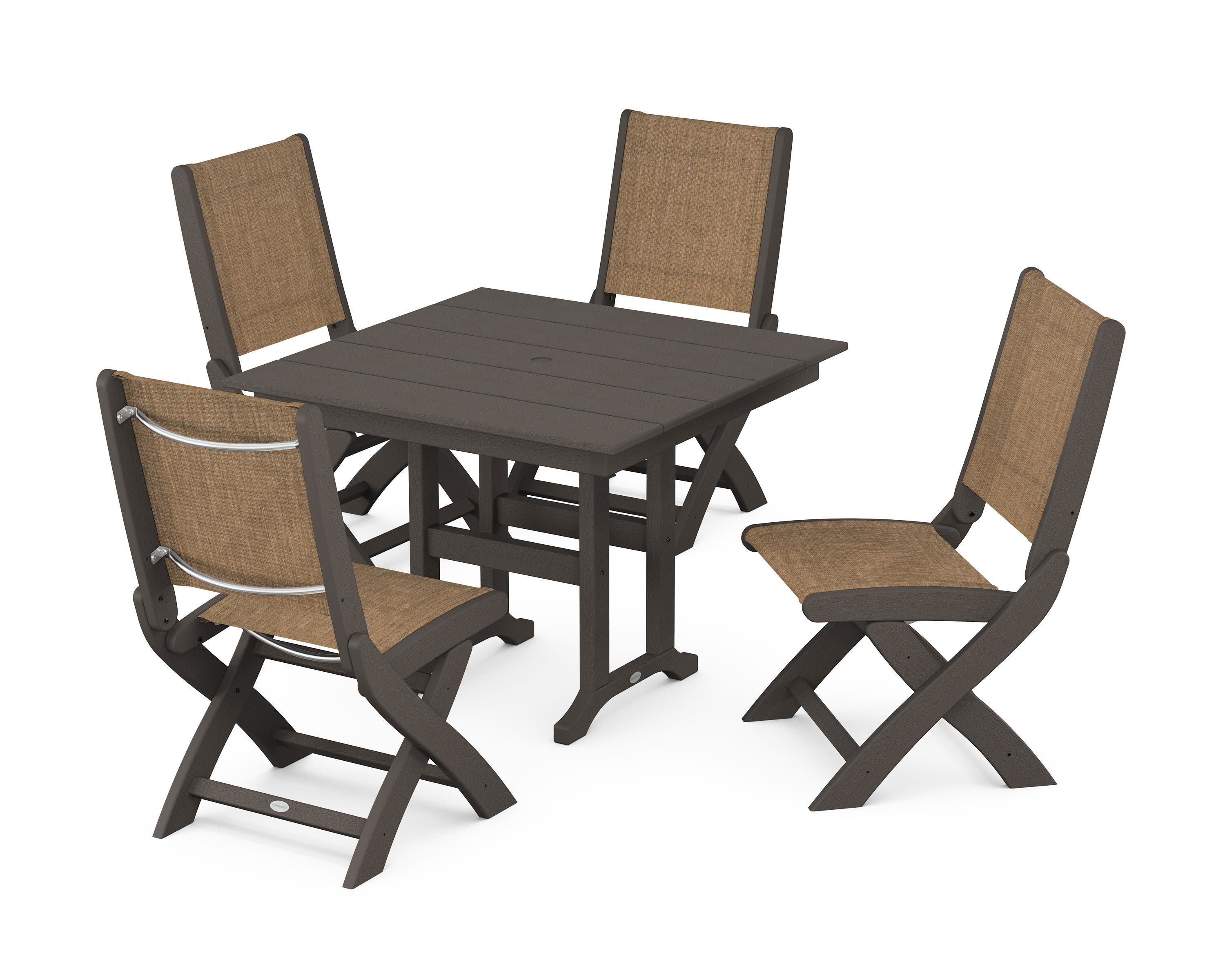 Coastal Folding Side Chair 5-Piece Farmhouse Dining Set in Vintage Coffee / Burlap Sling