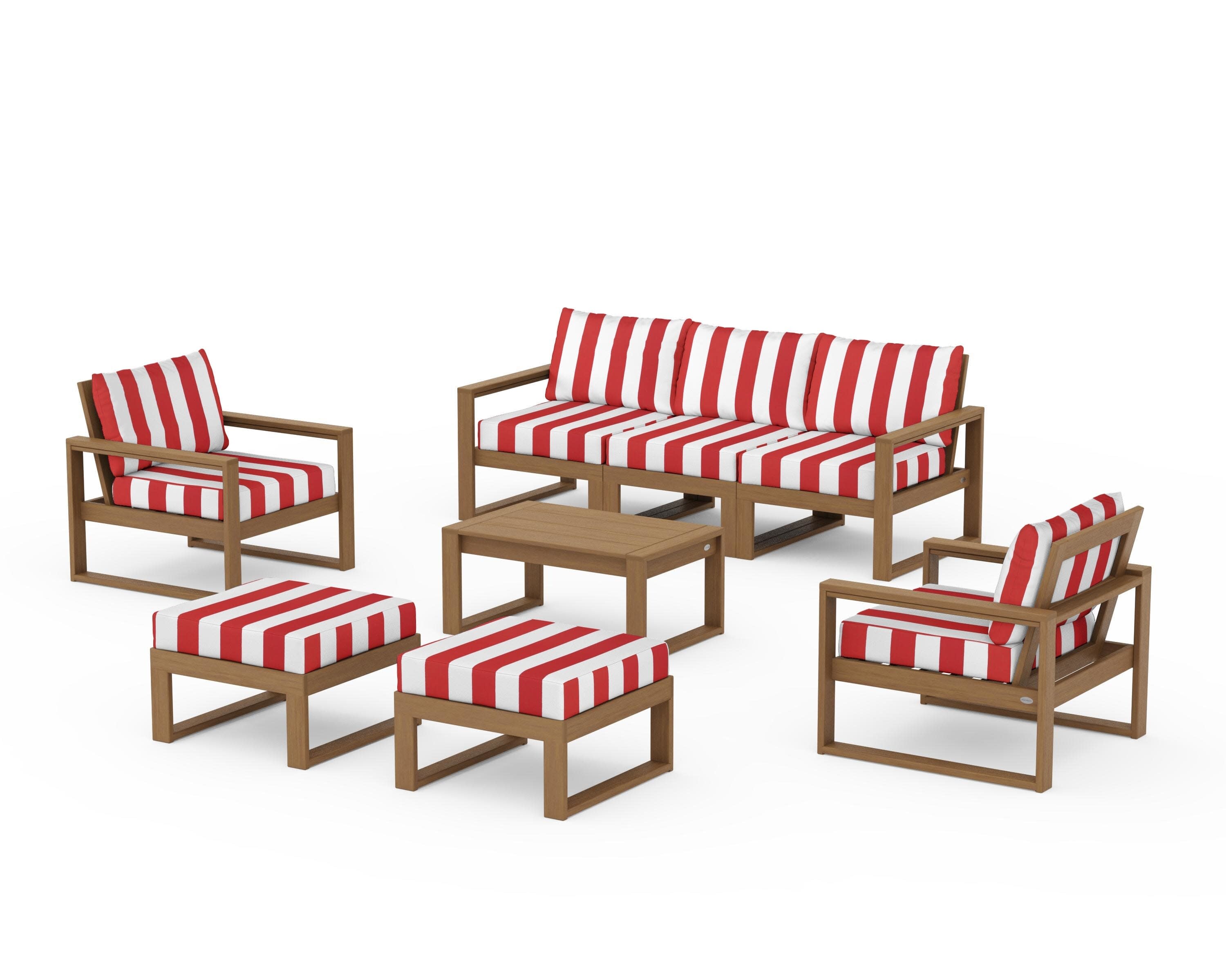 EDGE Sectional 8-Piece Lounge Sofa Set in Natural / Cabana Stripe Crimson