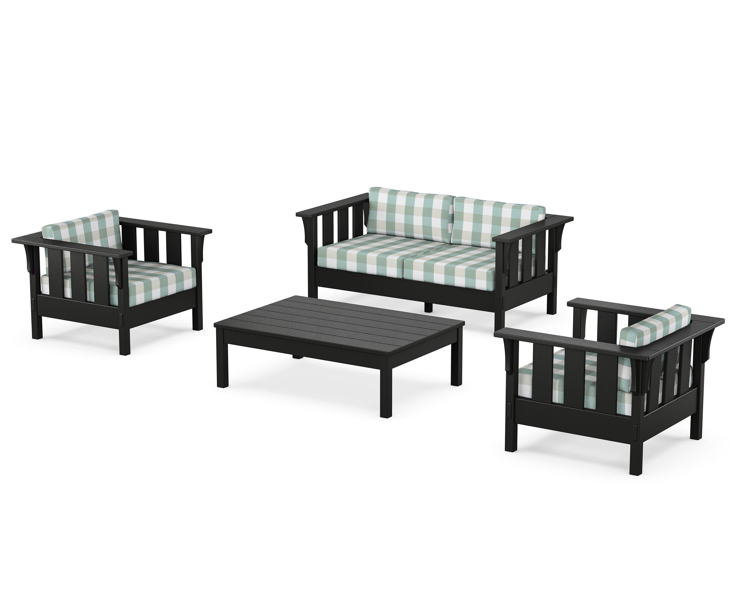Acadia 4-Piece Deep Seating Set with Loveseat in Black / Buffalo Plaid Glacier Spa