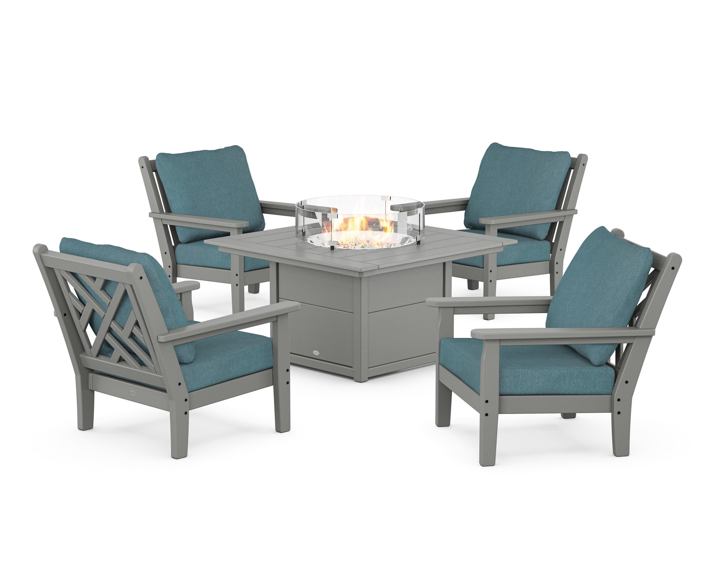 Chippendale 5-Piece Deep Seating Set with Fire Pit Table in Slate Grey / Ocean Teal
