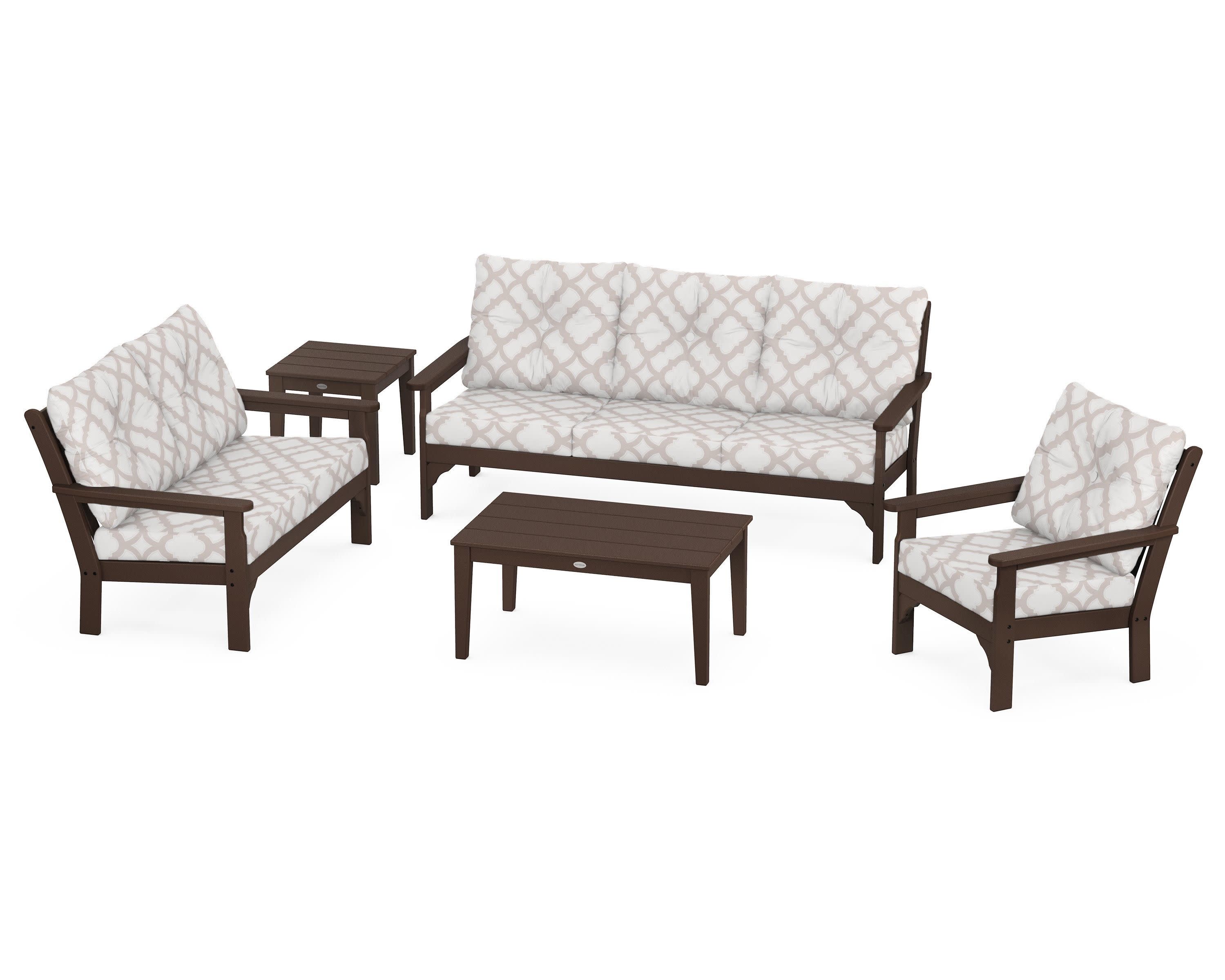 Vineyard 5 Piece Deep Seating Set in Mahogany / Trellis Dune Burlap