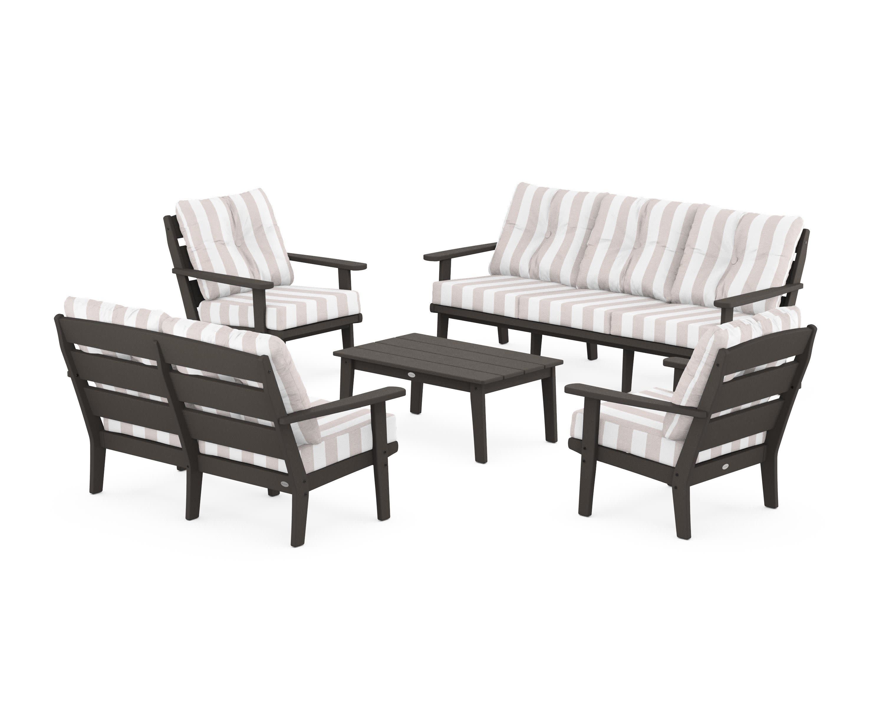 Lakeside 5-Piece Lounge Sofa Set in Vintage Coffee / Cabana Stripe Dune Burlap