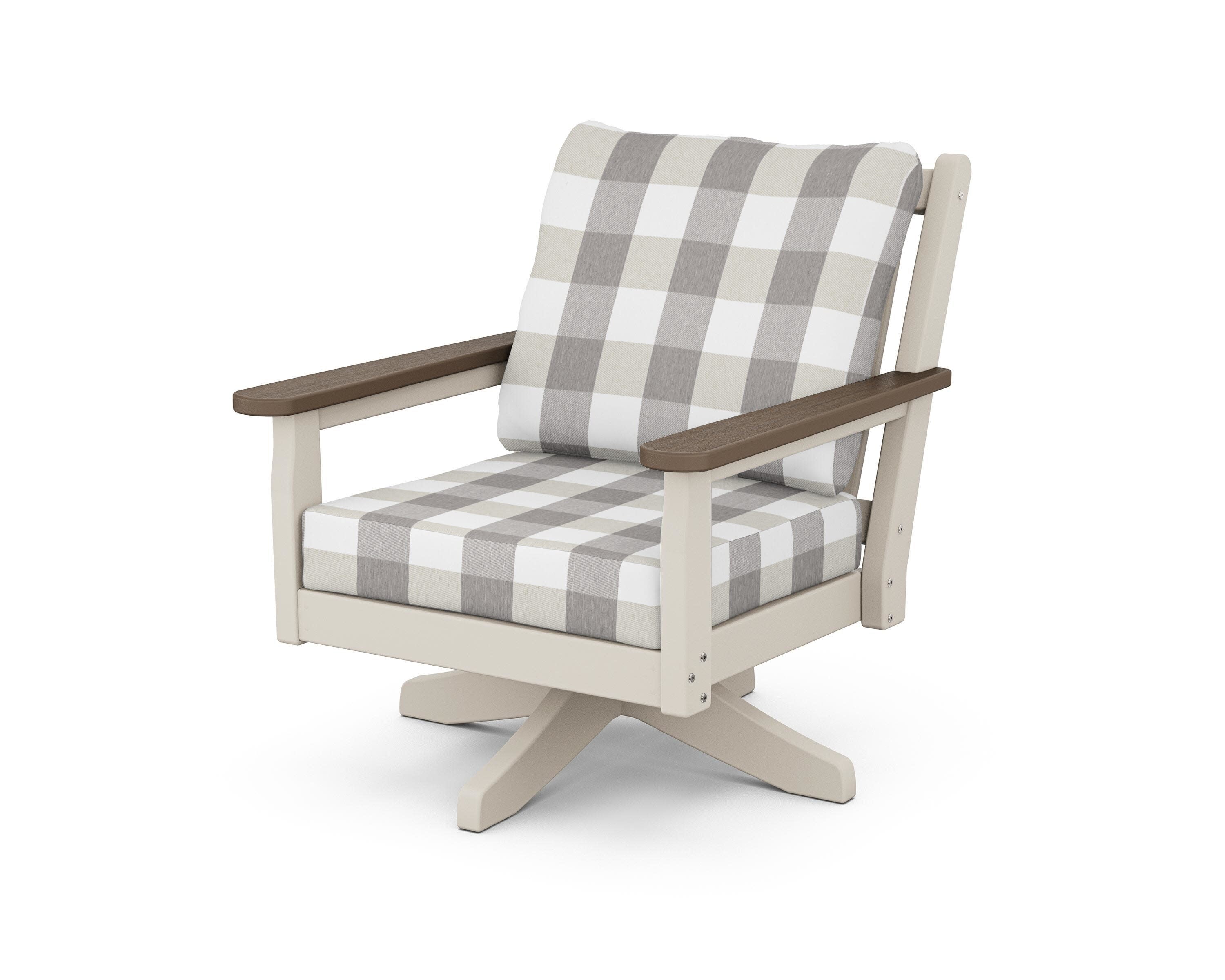 Chippendale Deep Seating Swivel Chair in Sand / Kona / Buffalo Plaid Grey Mist