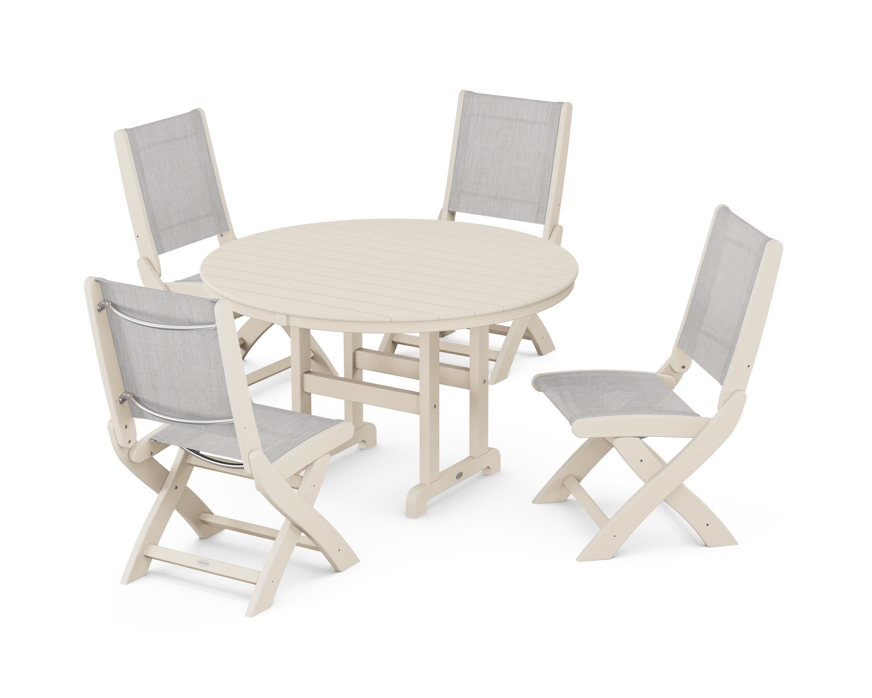 Coastal Folding Side Chair 5-Piece Round Dining Set in Sand / Parchment Sling