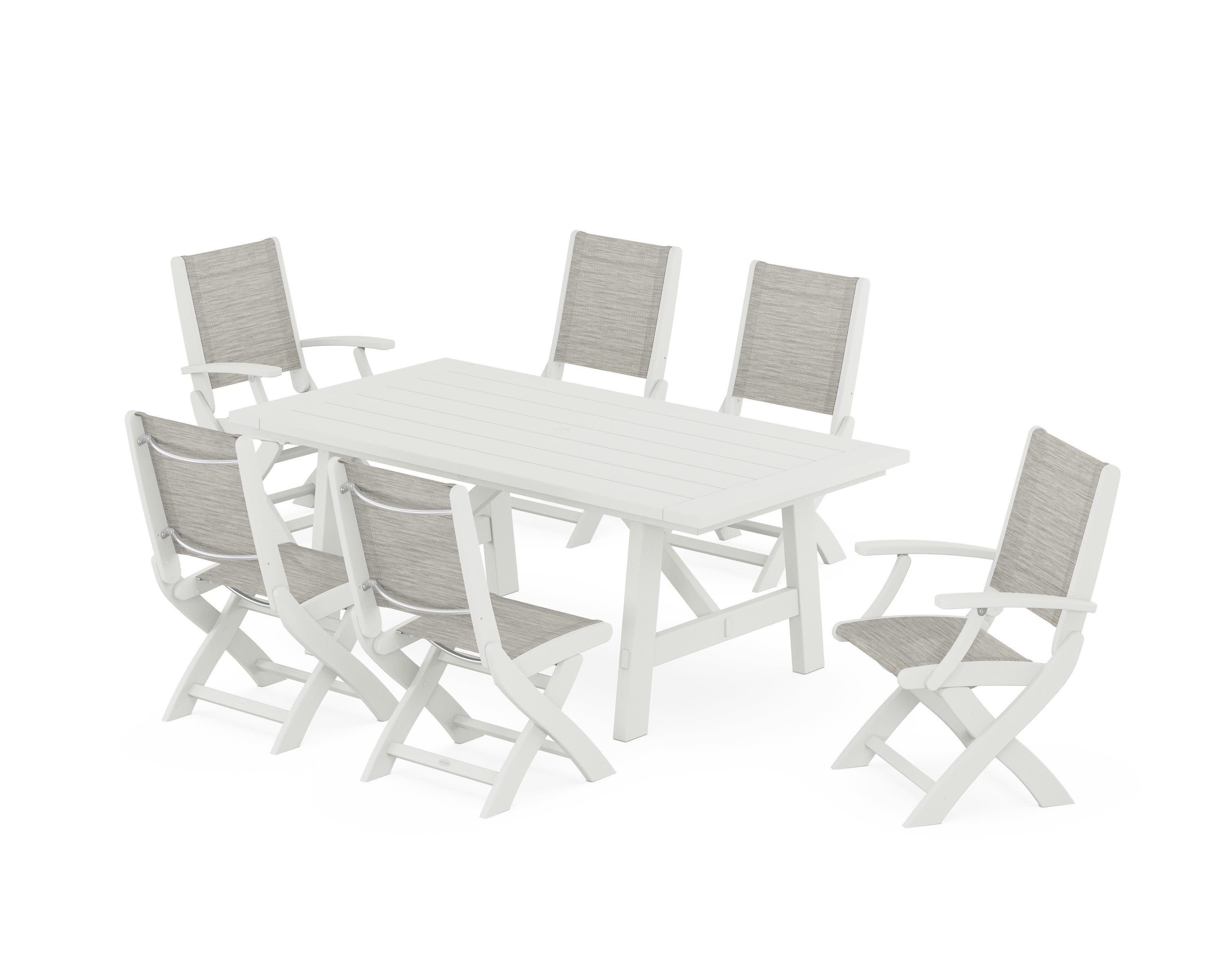 Coastal Folding Chair 7-Piece Rustic Farmhouse Dining Set in Vintage White / Birch Sling