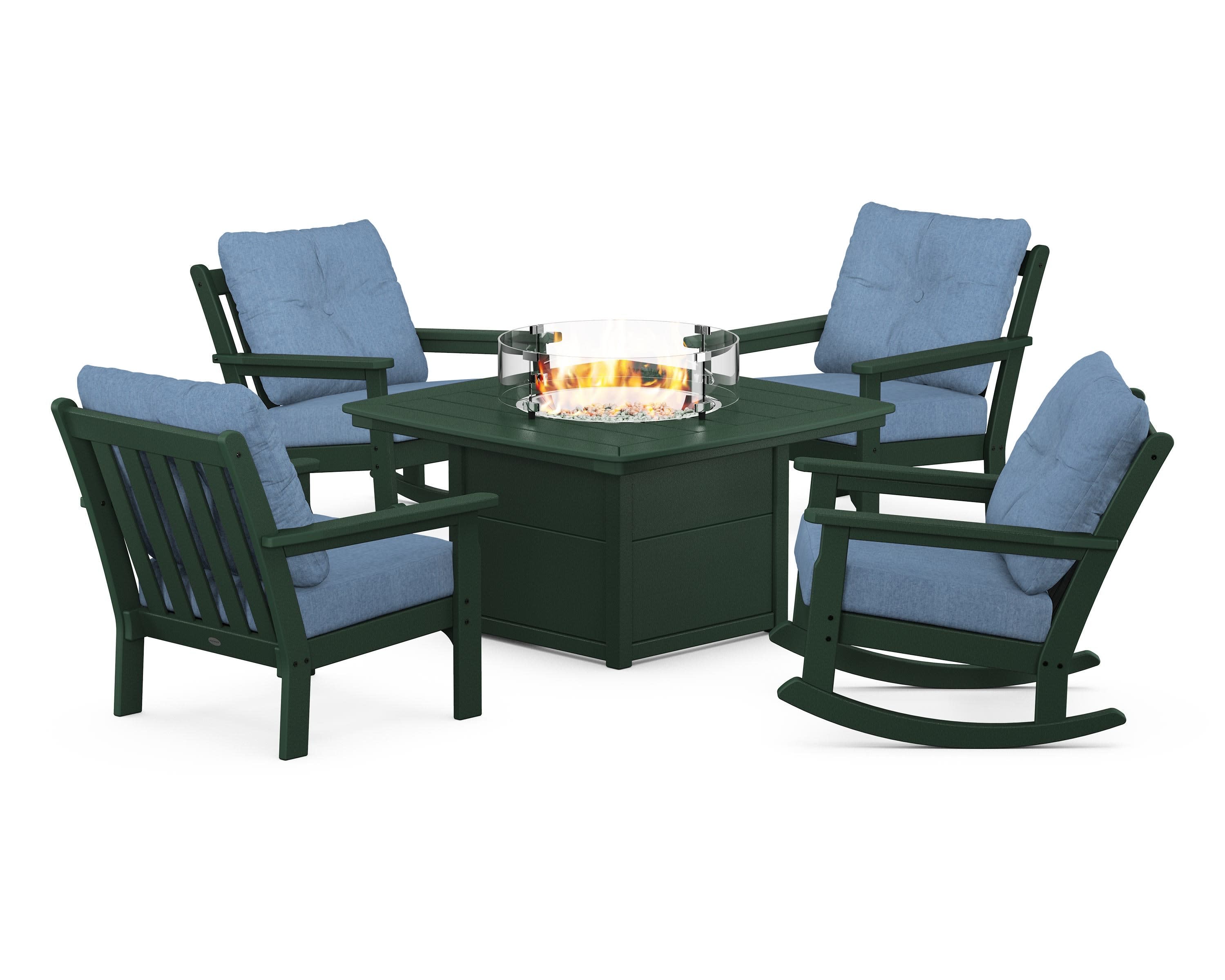Vineyard 5-Piece Deep Seating Rocking Chair Conversation Set with Fire Pit Table in Green / Sky Blue