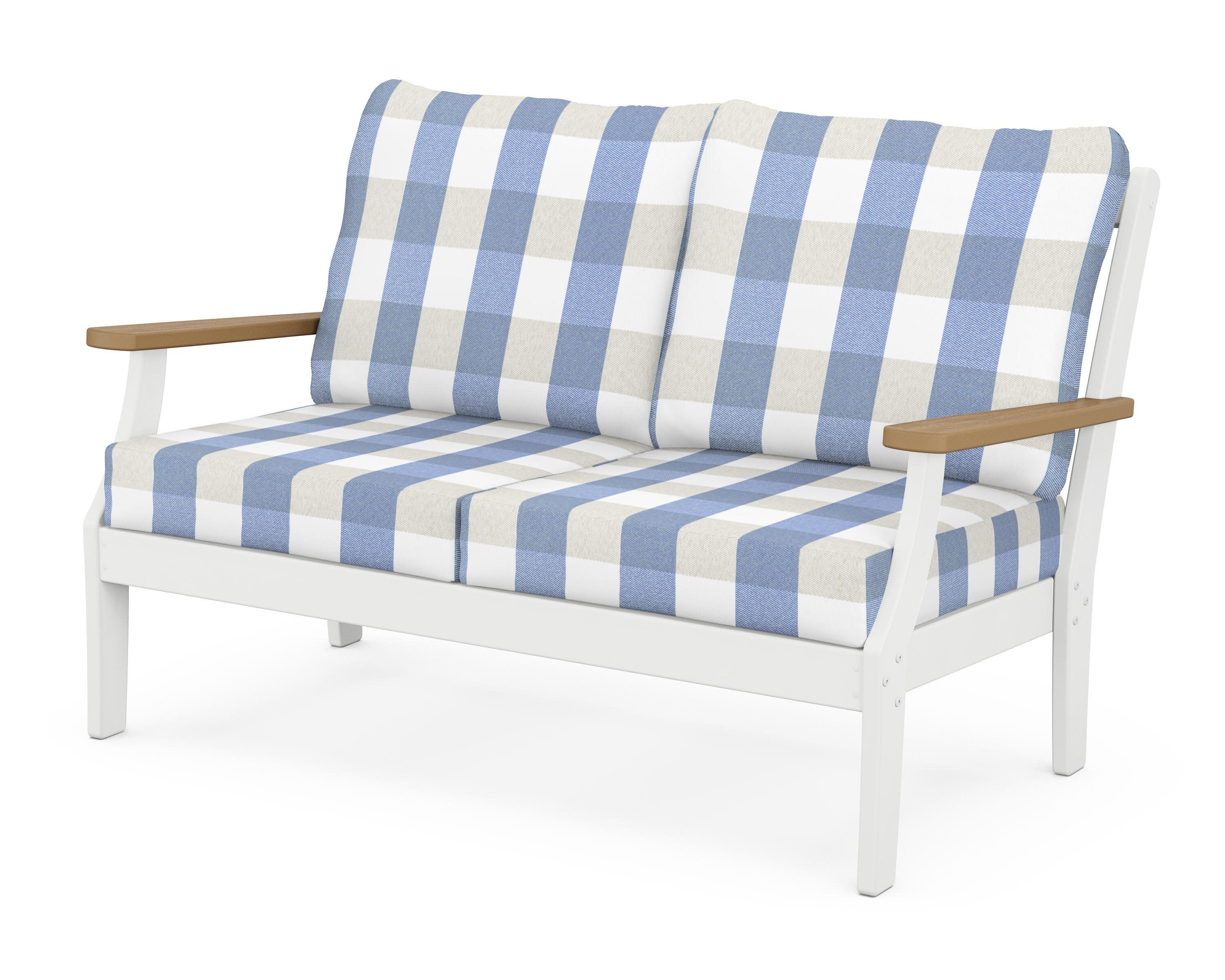 Braxton Deep Seating Loveseat in White / Natural / Buffalo Plaid Sky Blue
