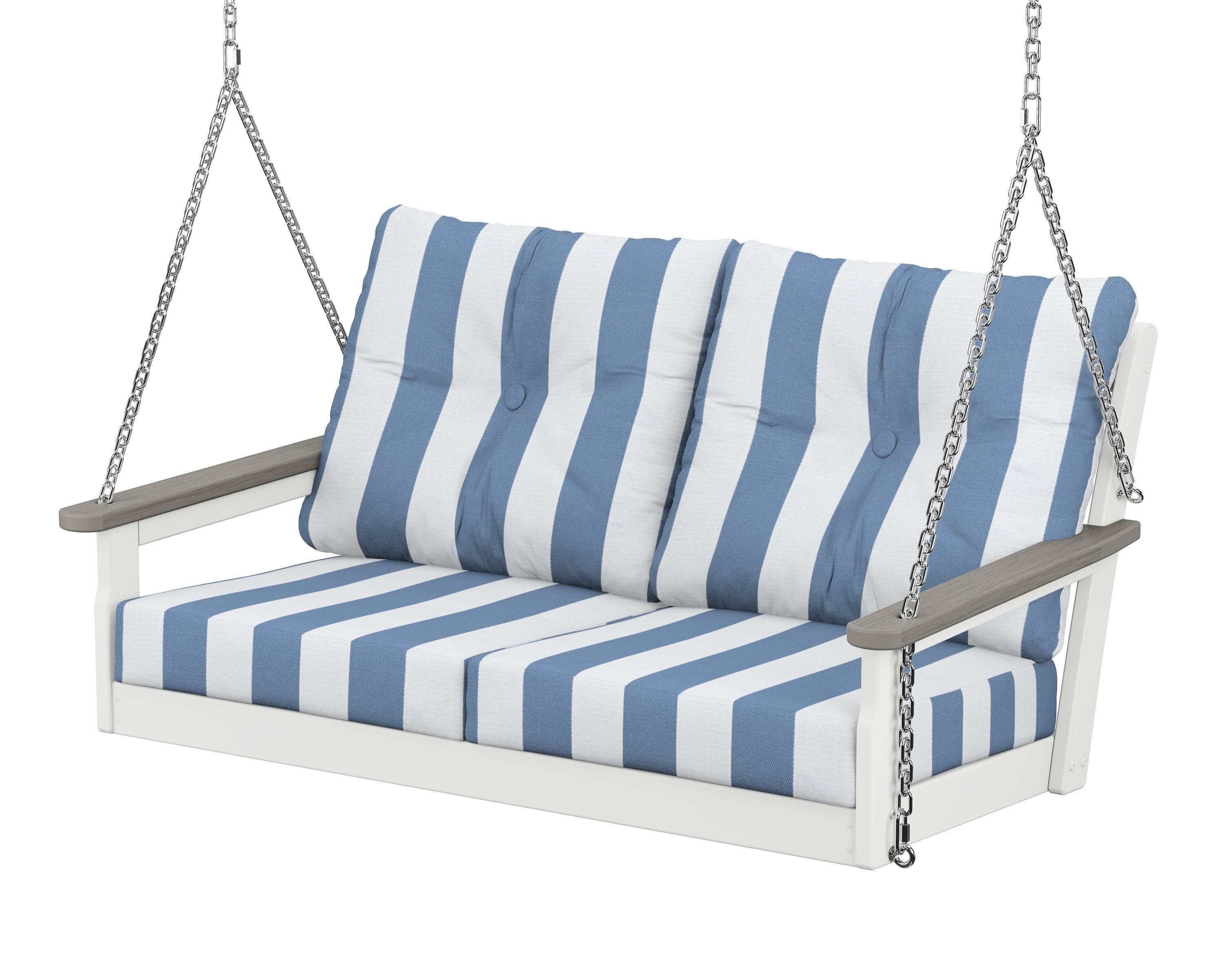Vineyard Deep Seating Swing in White / Driftwood / Cabana Stripe Sky Blue