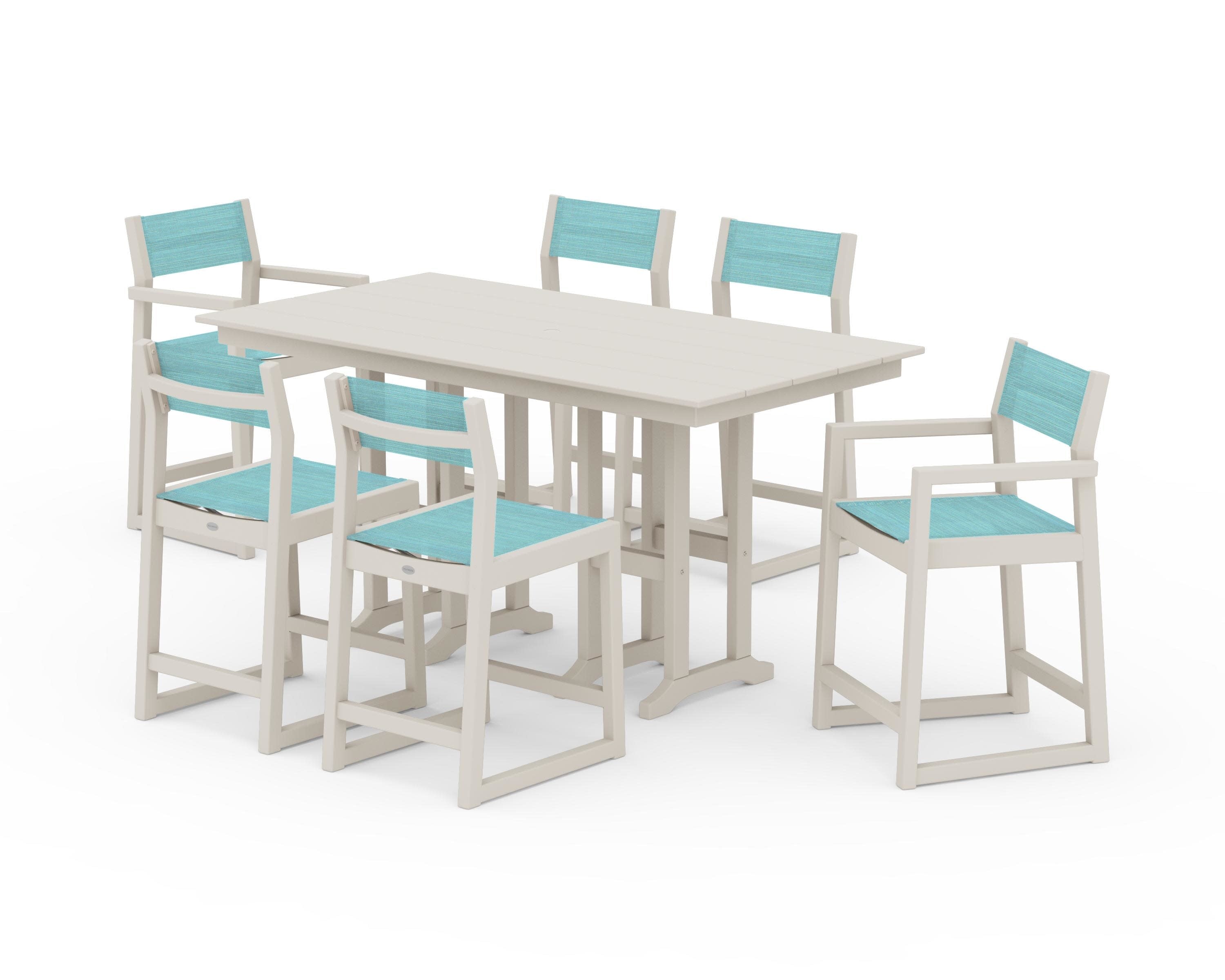 EDGE Sling 7-Piece Farmhouse Counter Set with Trestle Legs in Sand / Dupioni Aquamarine Sling