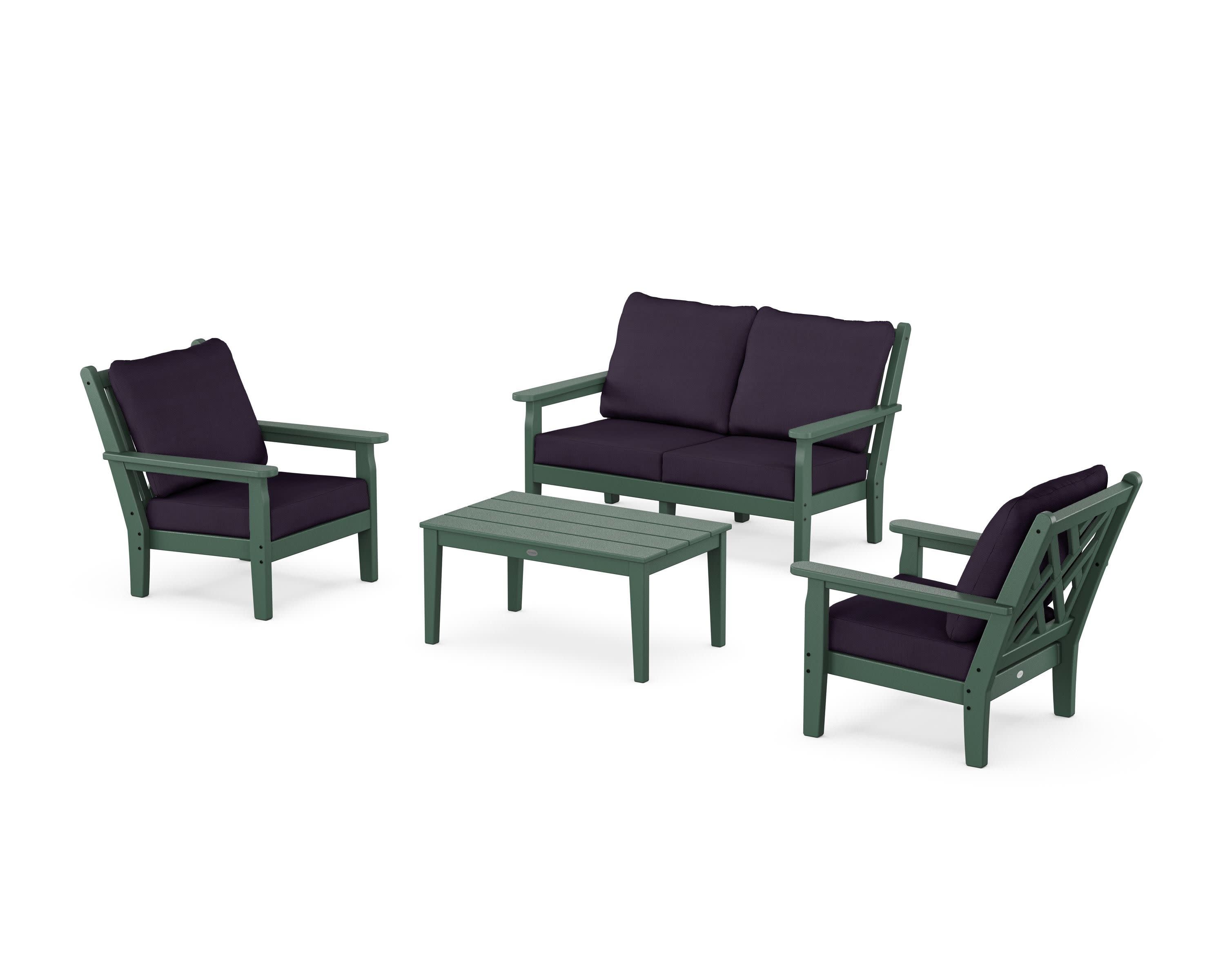 Chippendale 4-Piece Deep Seating Set with Loveseat in Green / Navy Linen
