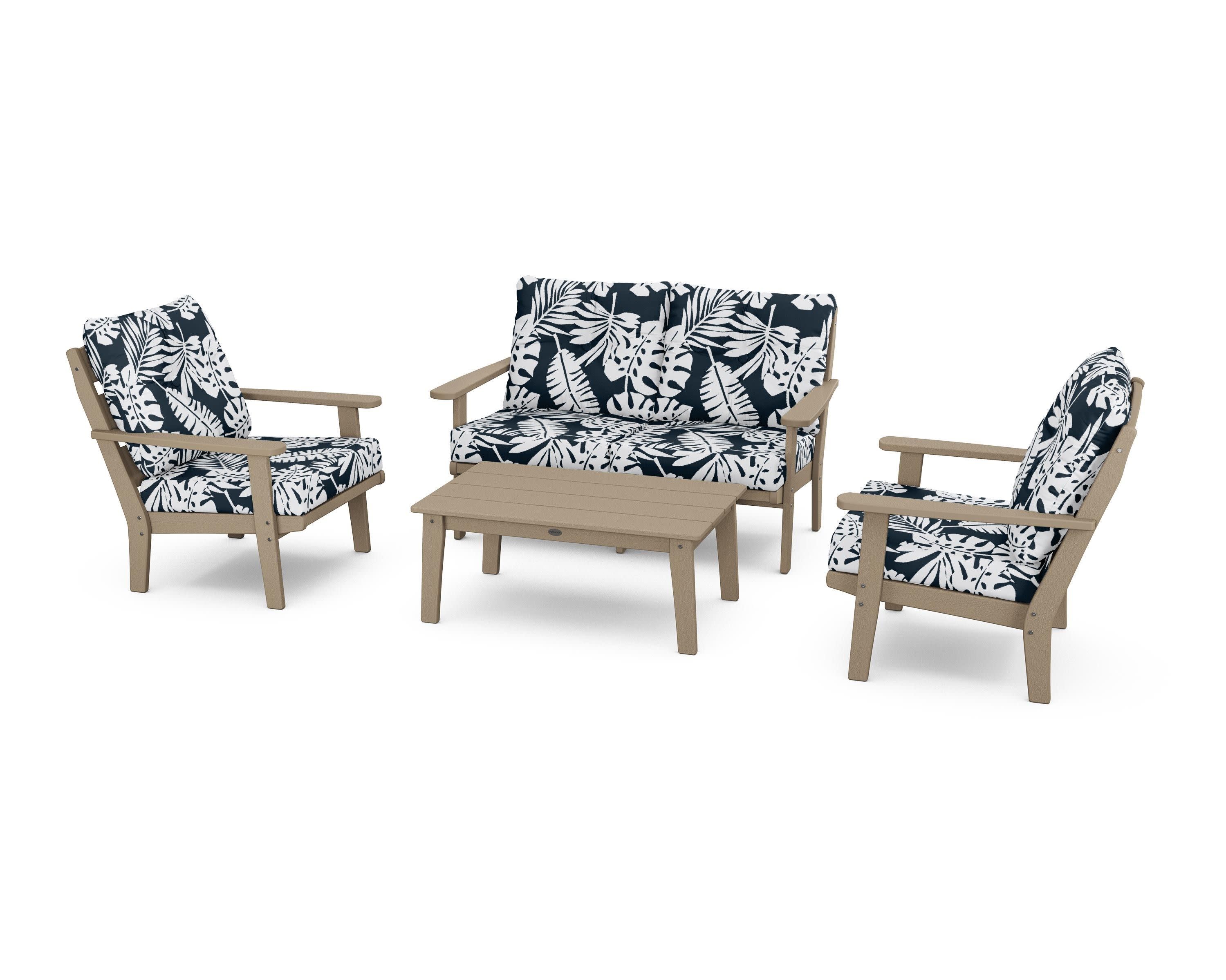 Lakeside 4-Piece Deep Seating Set in Vintage Sahara / Leaf Marine Indigo