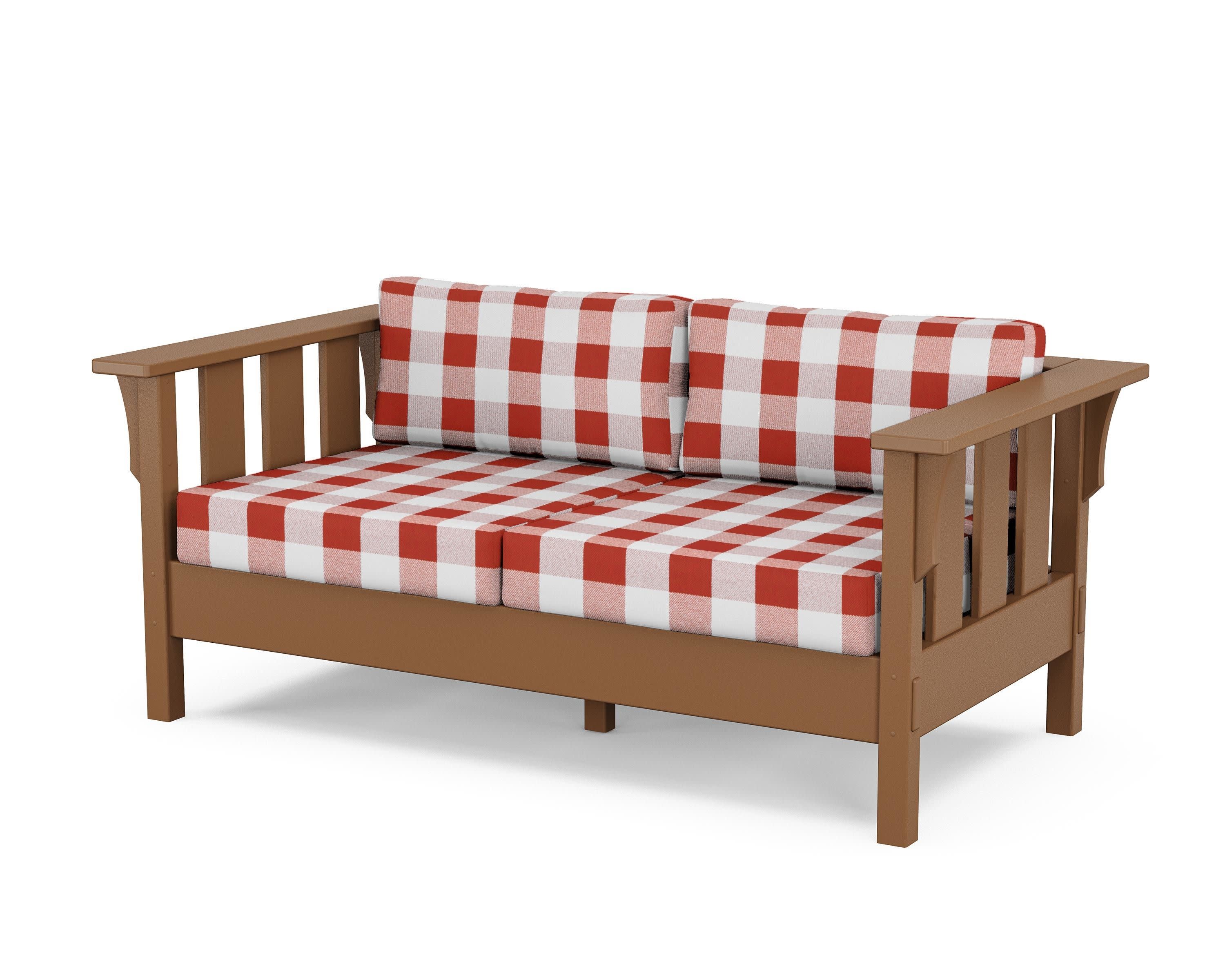 Acadia Deep Seating Loveseat in Teak / Buffalo Plaid Crimson