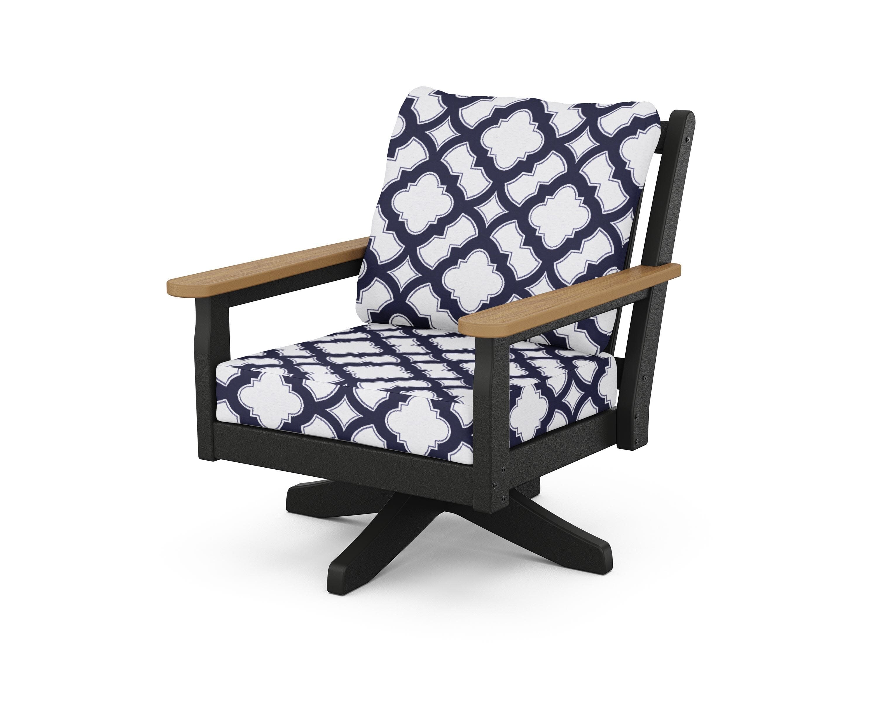 Chippendale Deep Seating Swivel Chair in Black / Natural / Trellis Navy
