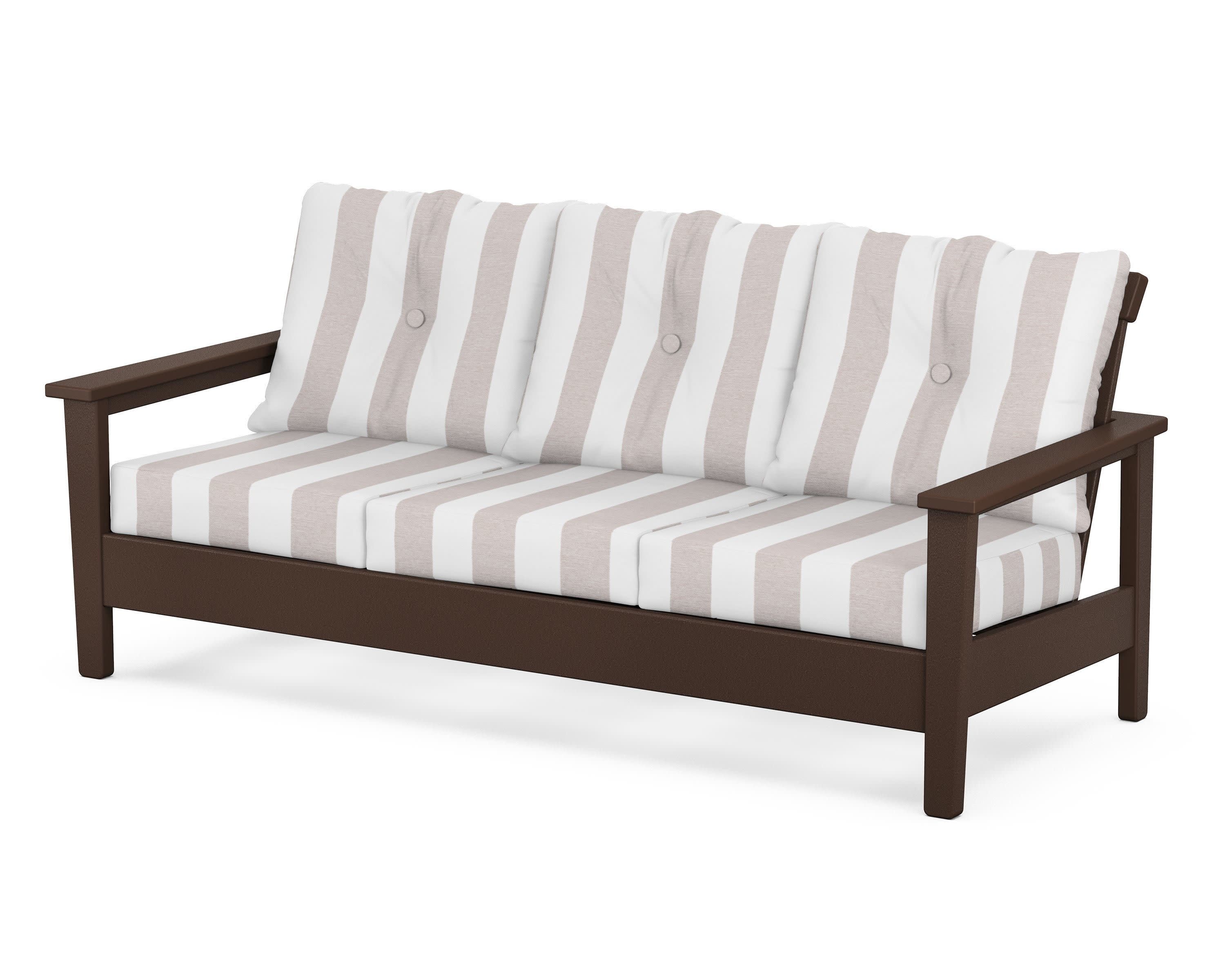 Prescott Deep Seating Sofa in Mahogany / Cabana Stripe Dune Burlap