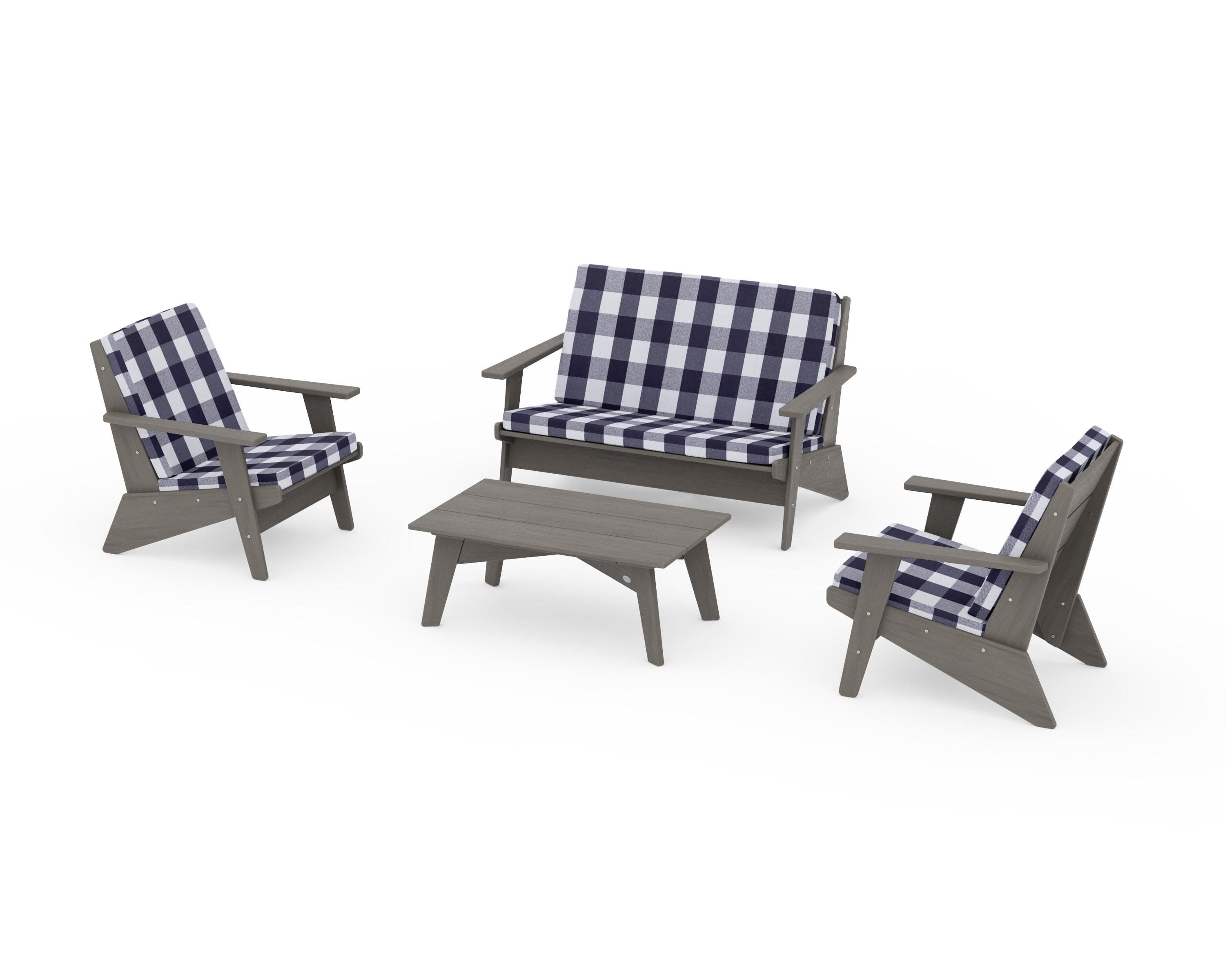 Riviera Modern Lounge 4-Piece Set in Driftwood / Buffalo Plaid Navy