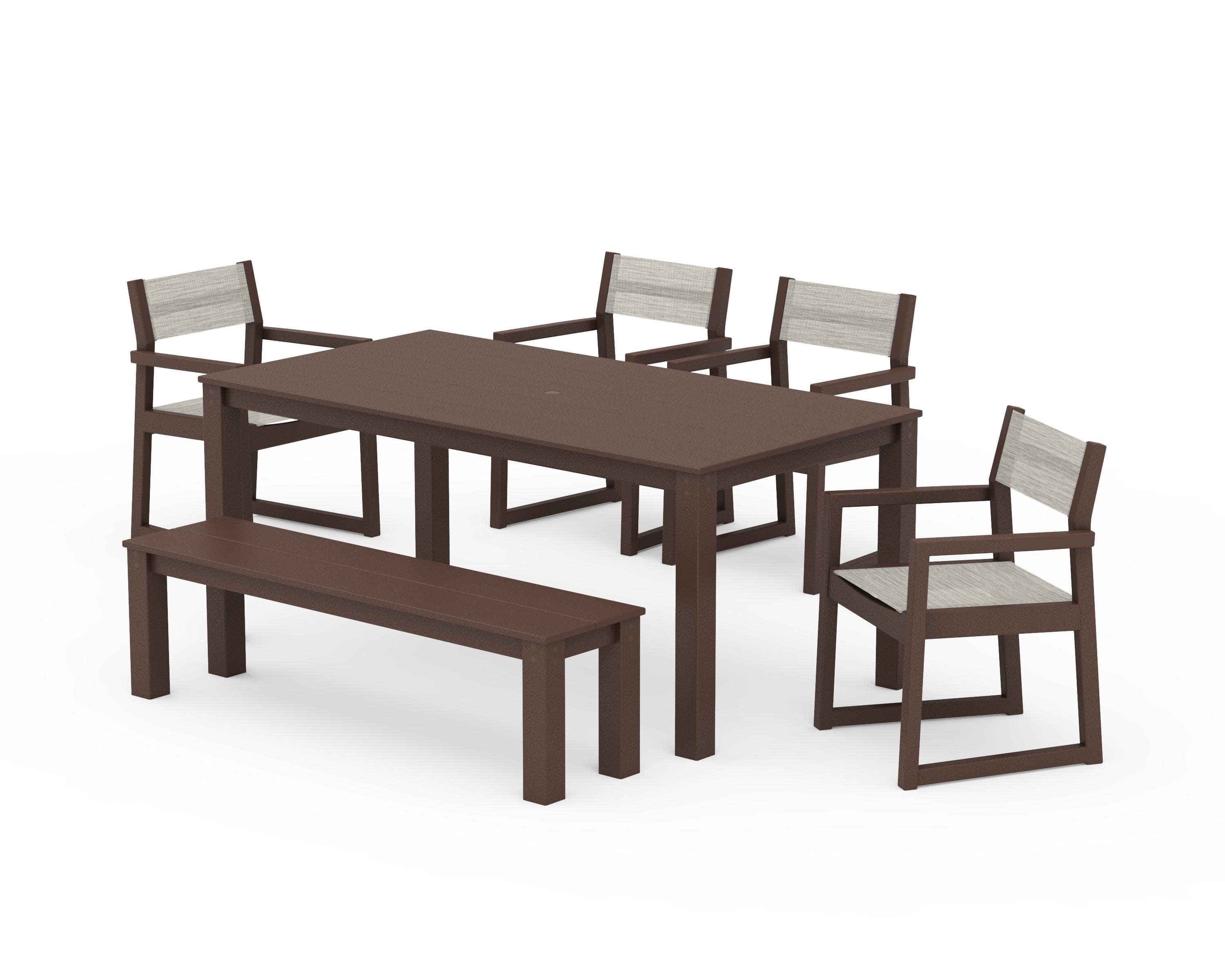 EDGE Sling Arm Chair 6-Piece Parsons Dining Set with Bench in Mahogany / Birch Sling