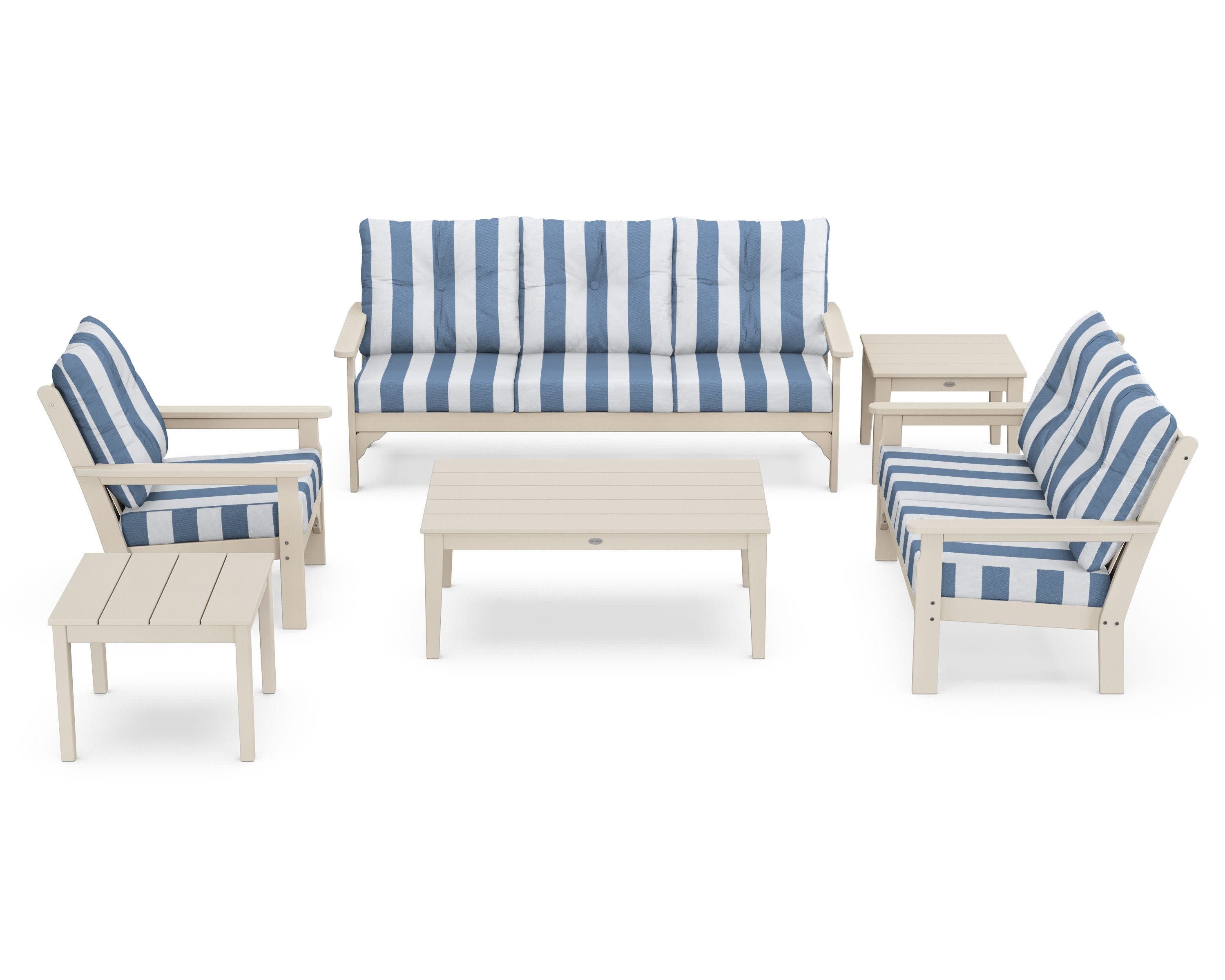 Vineyard 6-Piece Deep Seating Set in Sand / Cabana Stripe Sky Blue