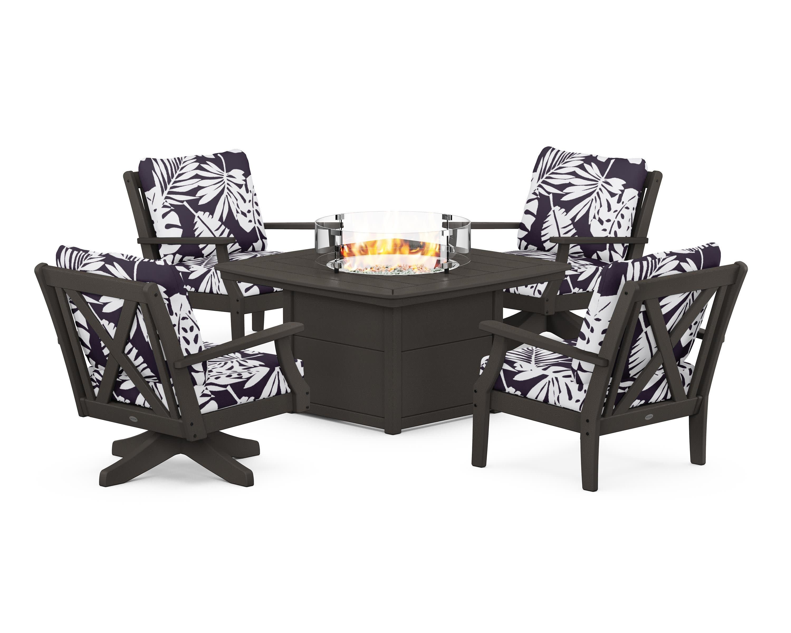 Braxton 5-Piece Deep Seating Set with Fire Table in Vintage Coffee / Leaf Navy