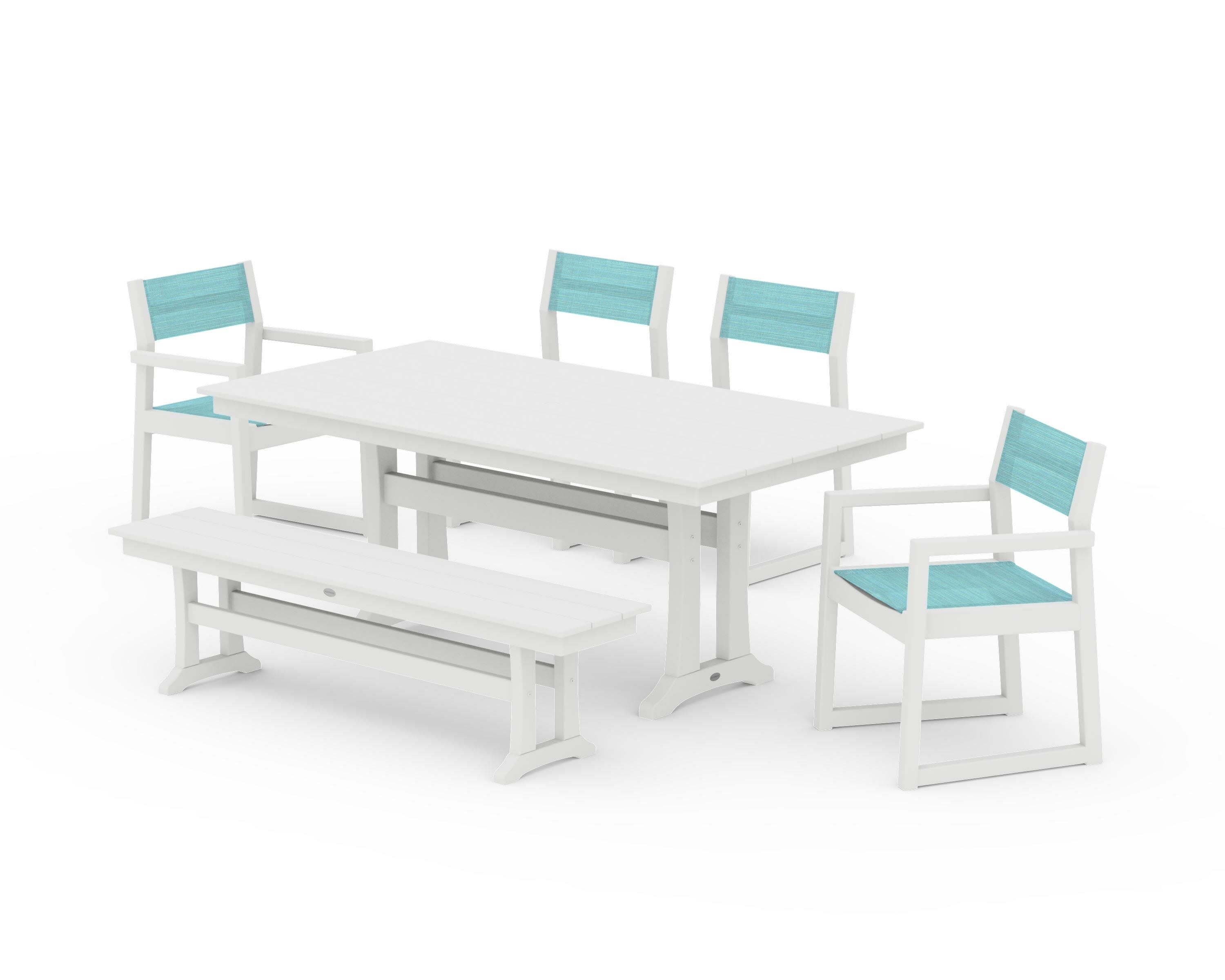 EDGE Sling 6-Piece Farmhouse Dining Set With Trestle Legs in White / Dupioni Aquamarine Sling