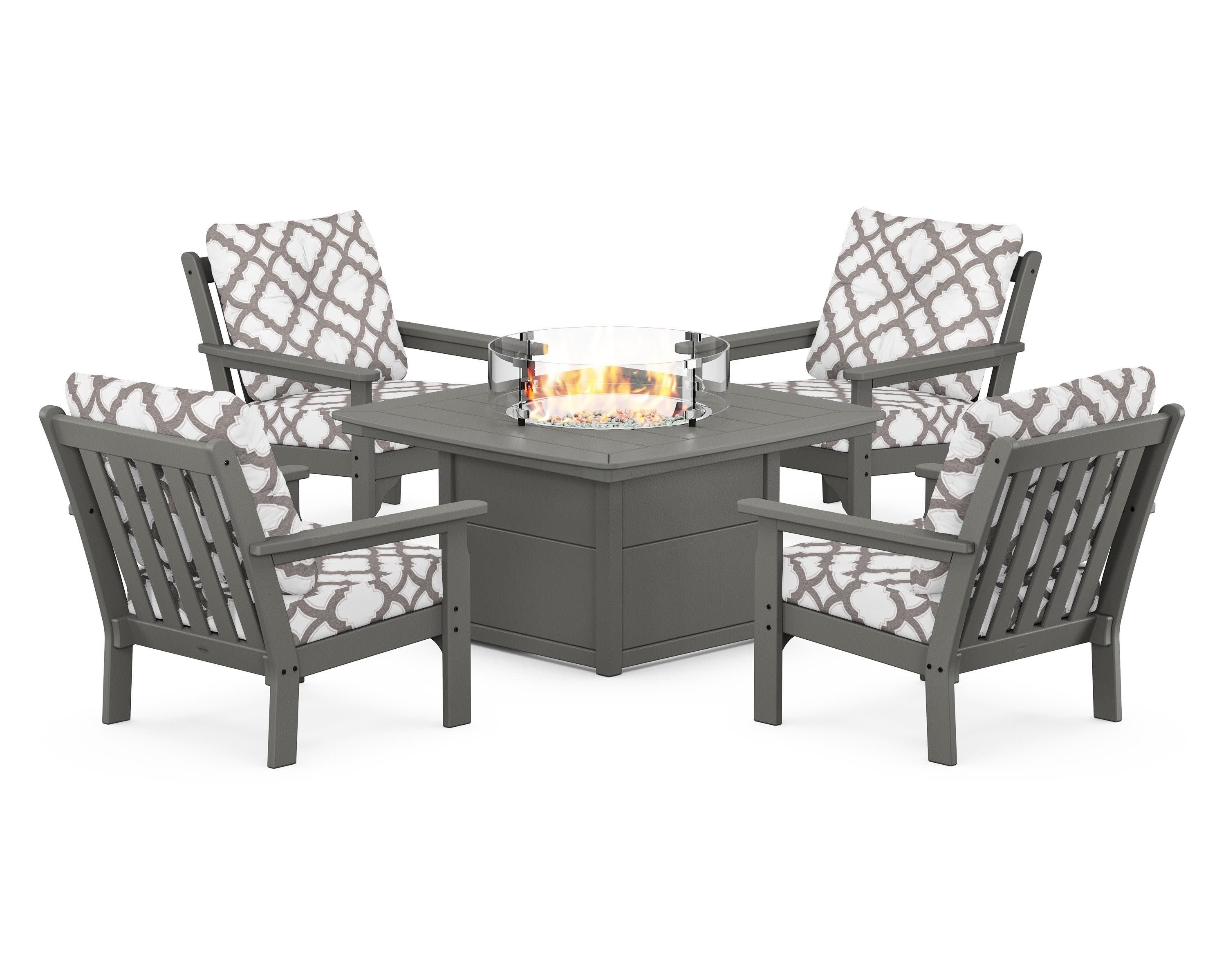 Vineyard 5-Piece Conversation Set with Fire Pit Table in Slate Grey / Trellis Grey Mist