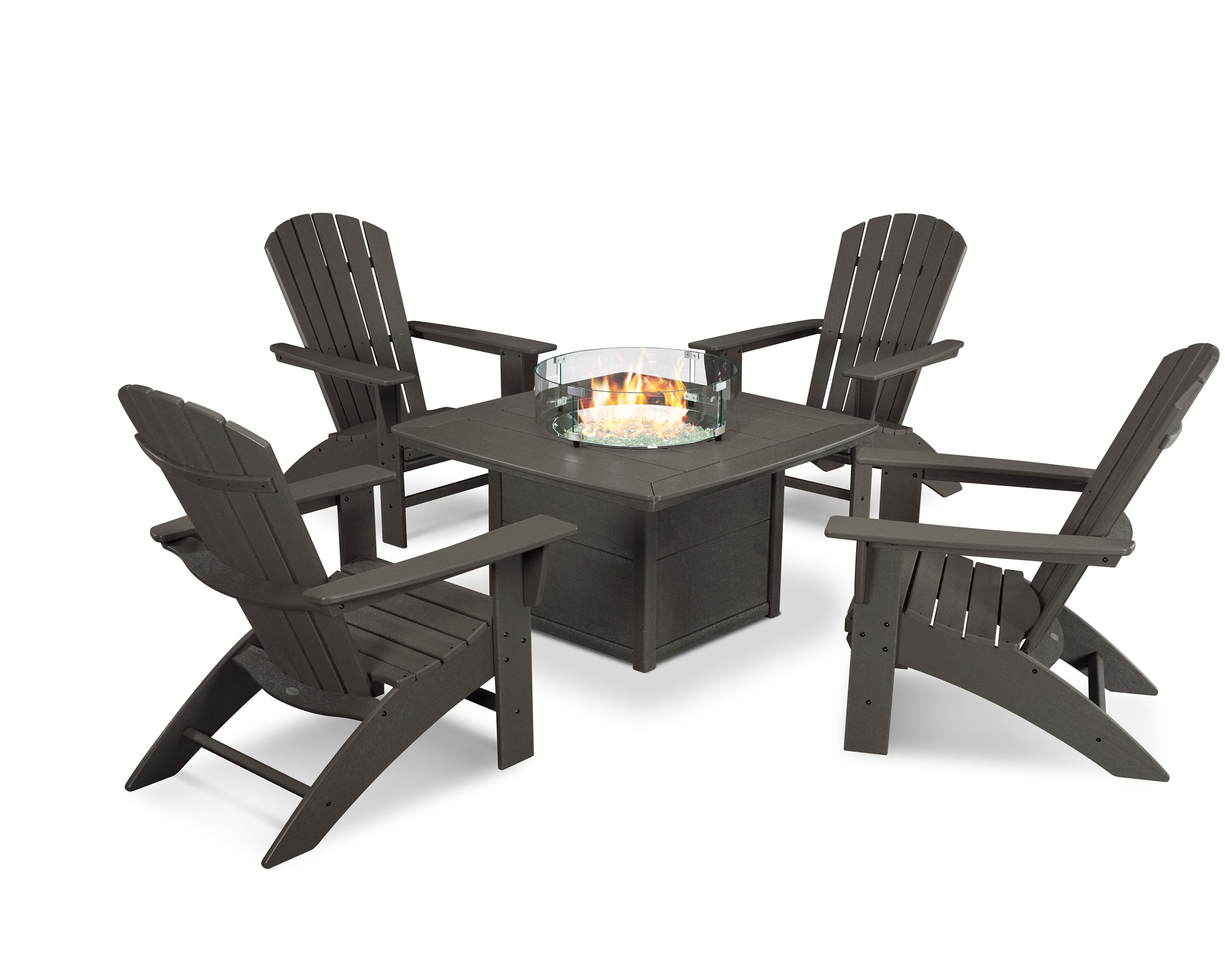 Nautical Curveback Adirondack 5-Piece Conversation Set with Fire Pit Table in Vintage Coffee