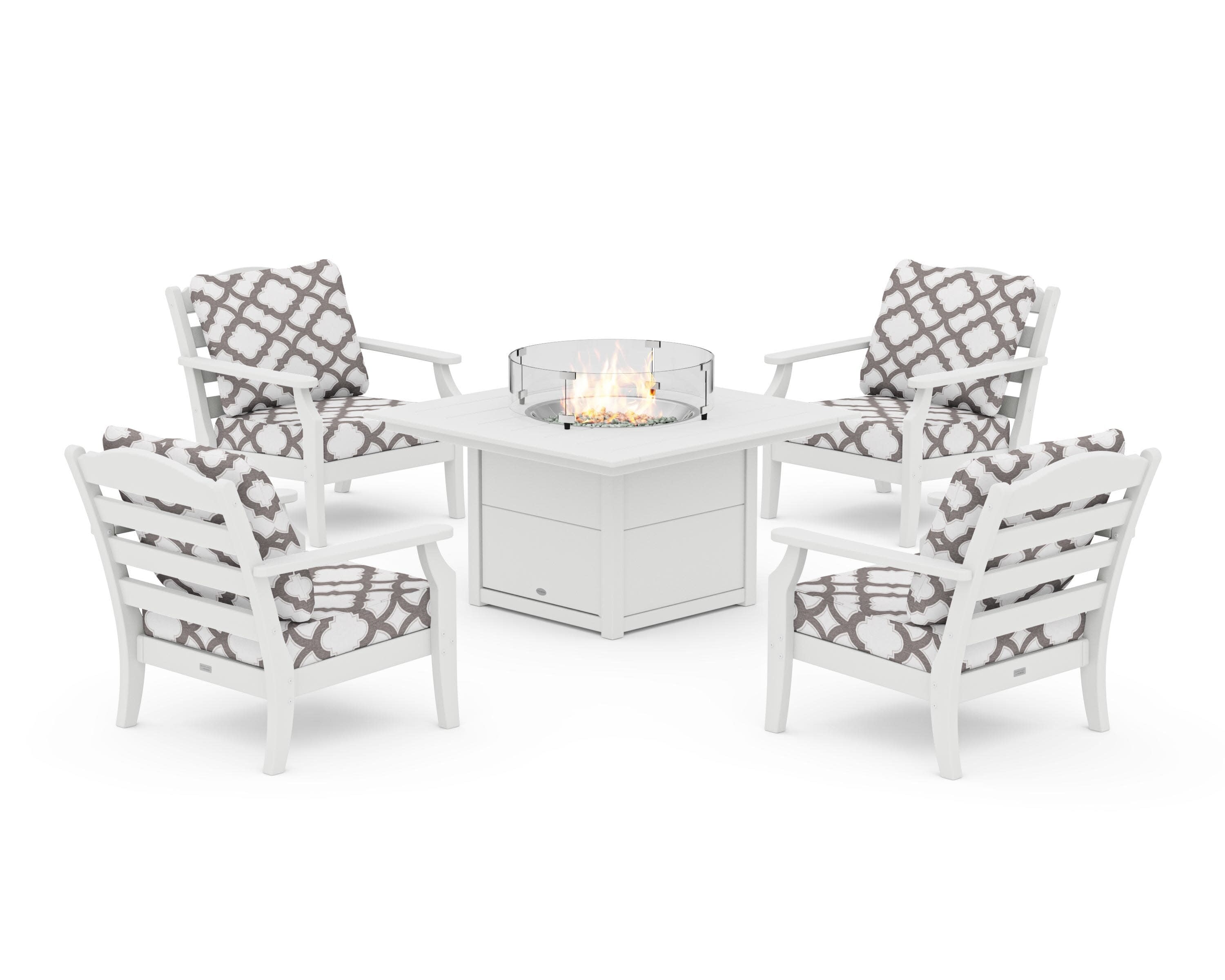 Savannah 5-Piece Deep Seating Set with Fire Pit Table in White / Trellis Grey Mist