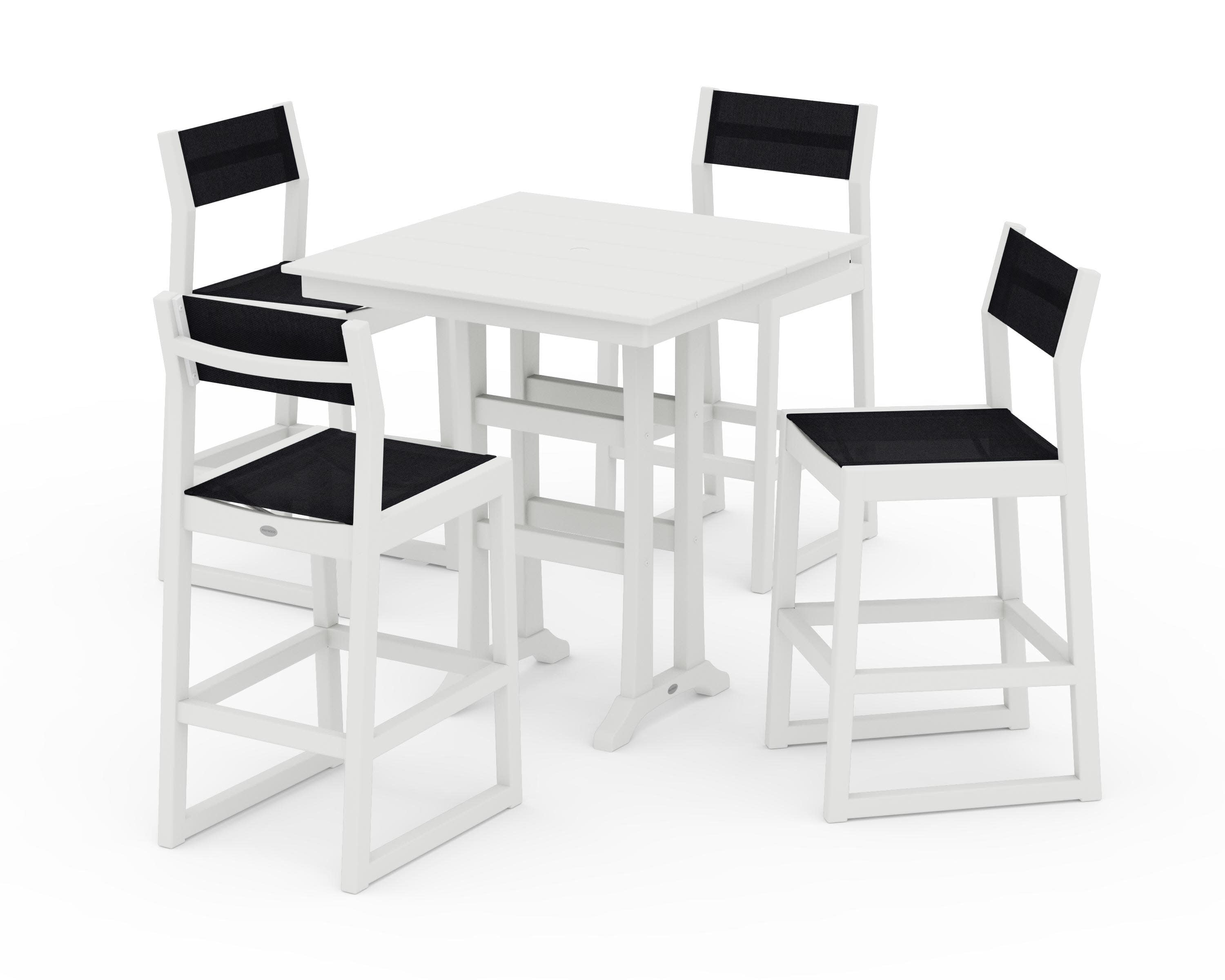 EDGE Sling Arm Chair 5-Piece Farmhouse Bar Set with Trestle Legs in Vintage White / Black Sling