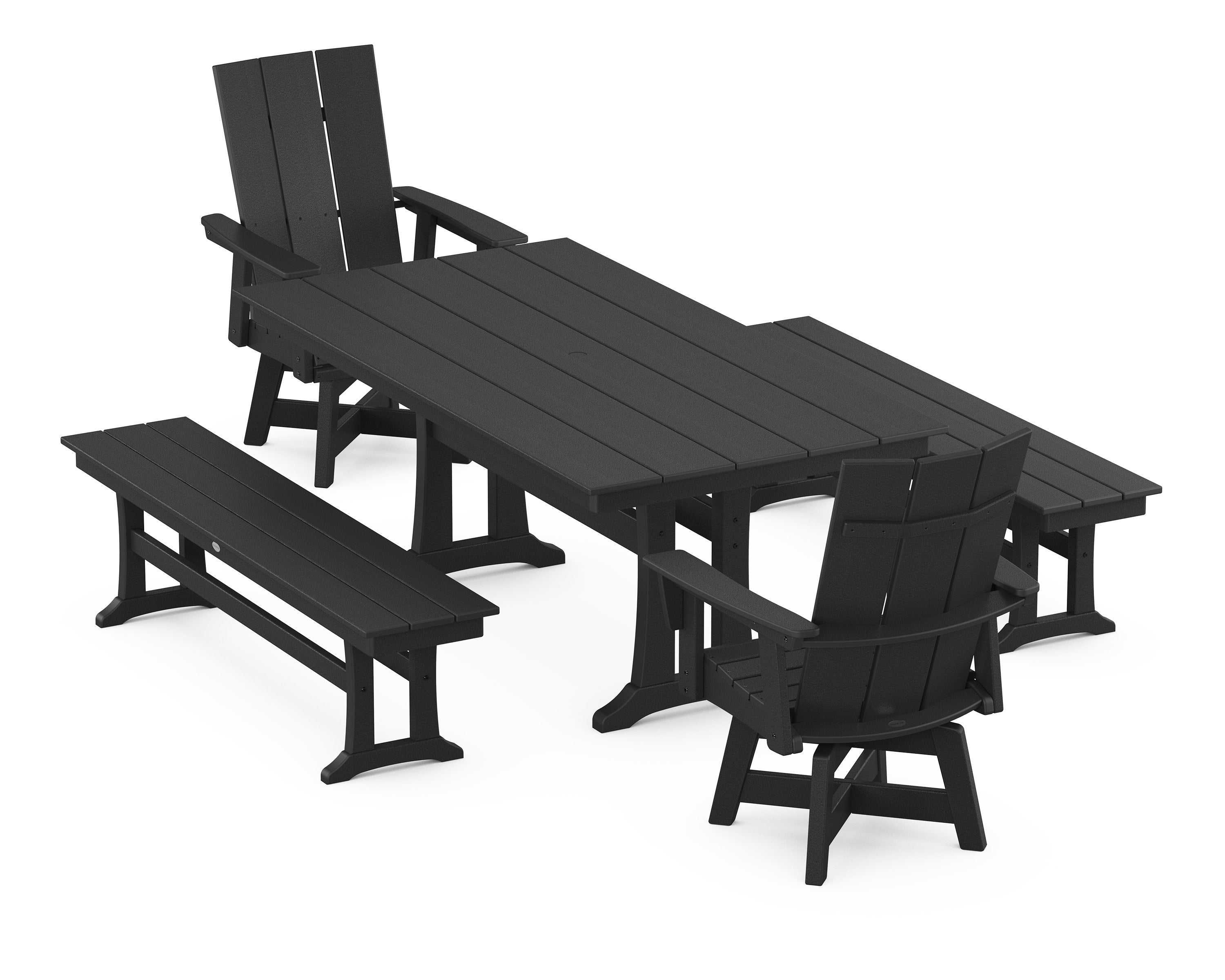 Modern Curveback Adirondack Swivel Chair 5-Piece Farmhouse Dining Set With Trestle Legs and Benches in Black
