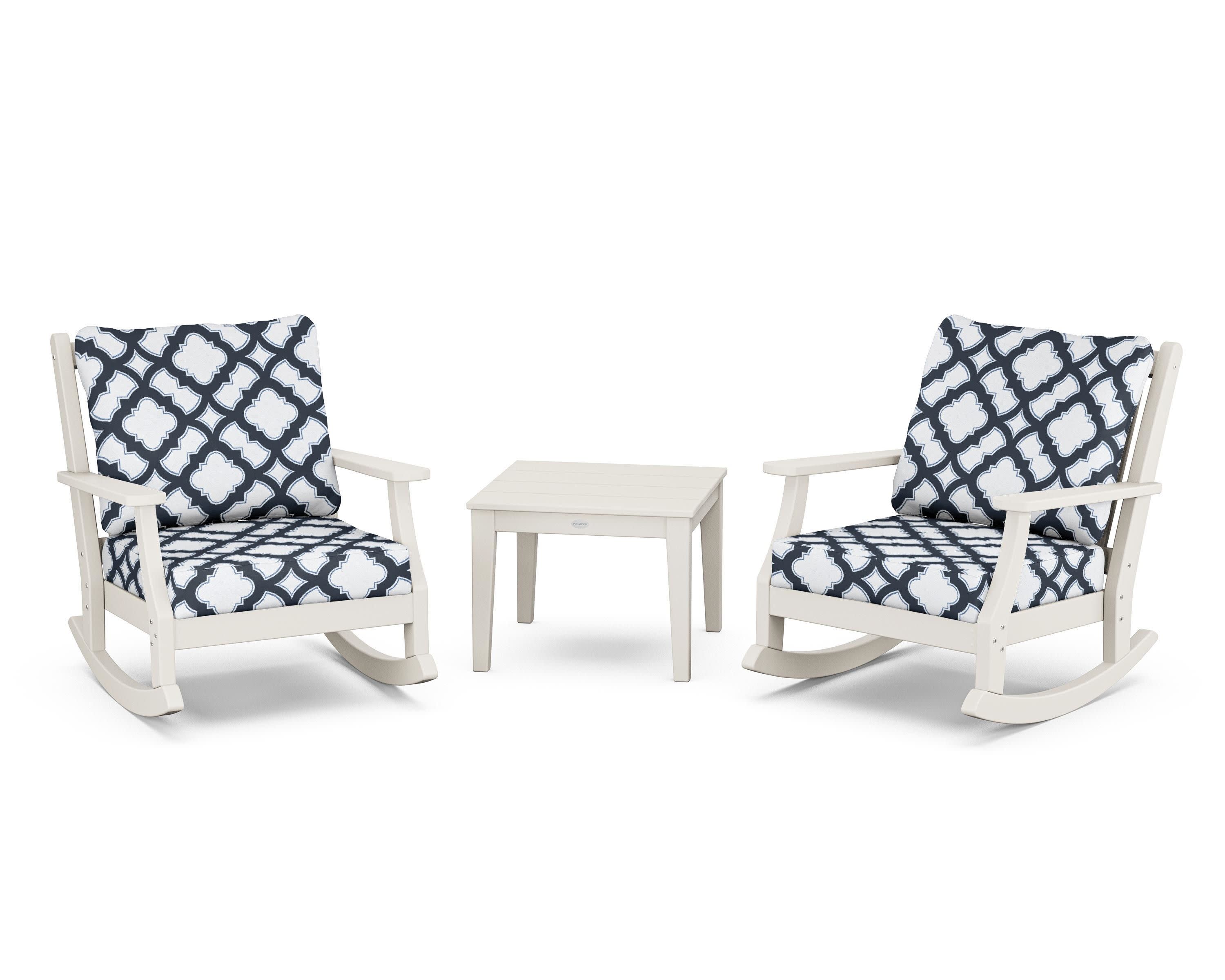 Wovendale 3-Piece Deep Seating Rocker Set in Sand / Trellis Marine Indigo