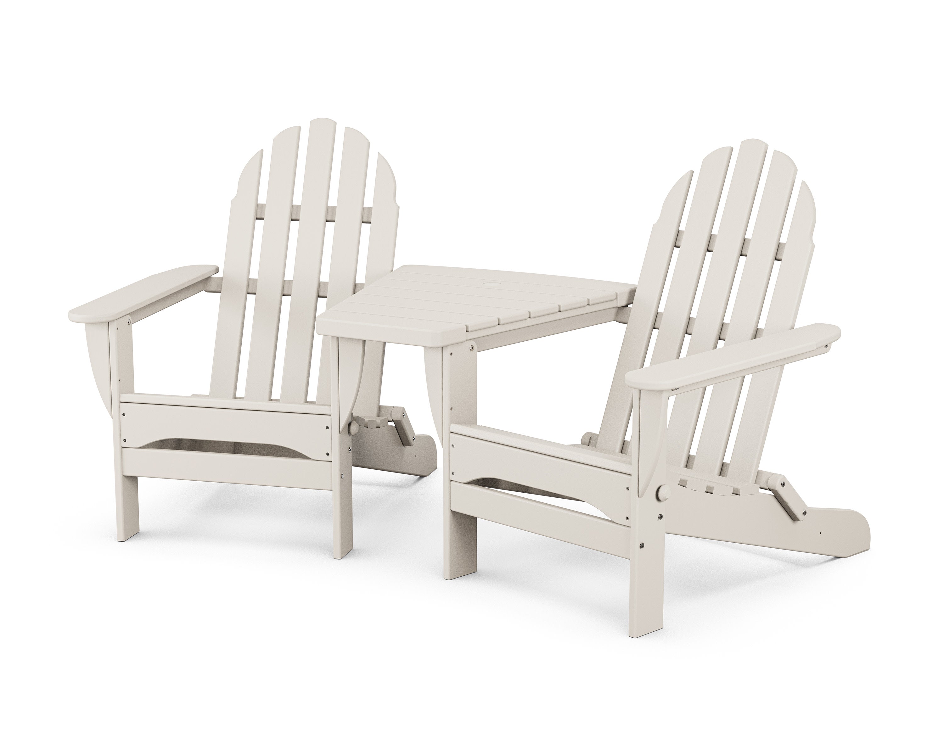 Classic Folding Adirondacks with Angled Connecting Table in Sand