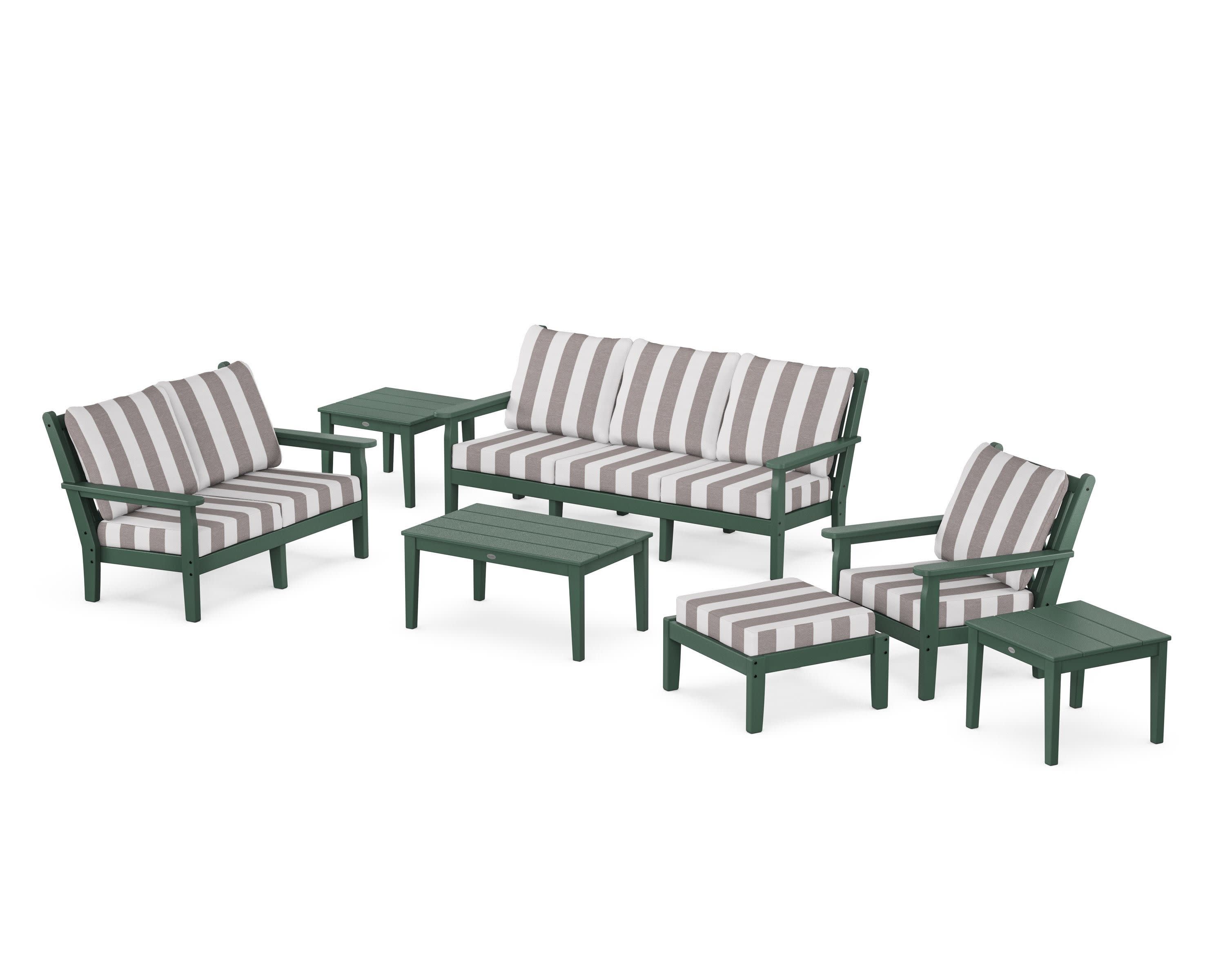 Chippendale 7-Piece Deep Seating Set in Green / Cabana Stripe Grey Mist