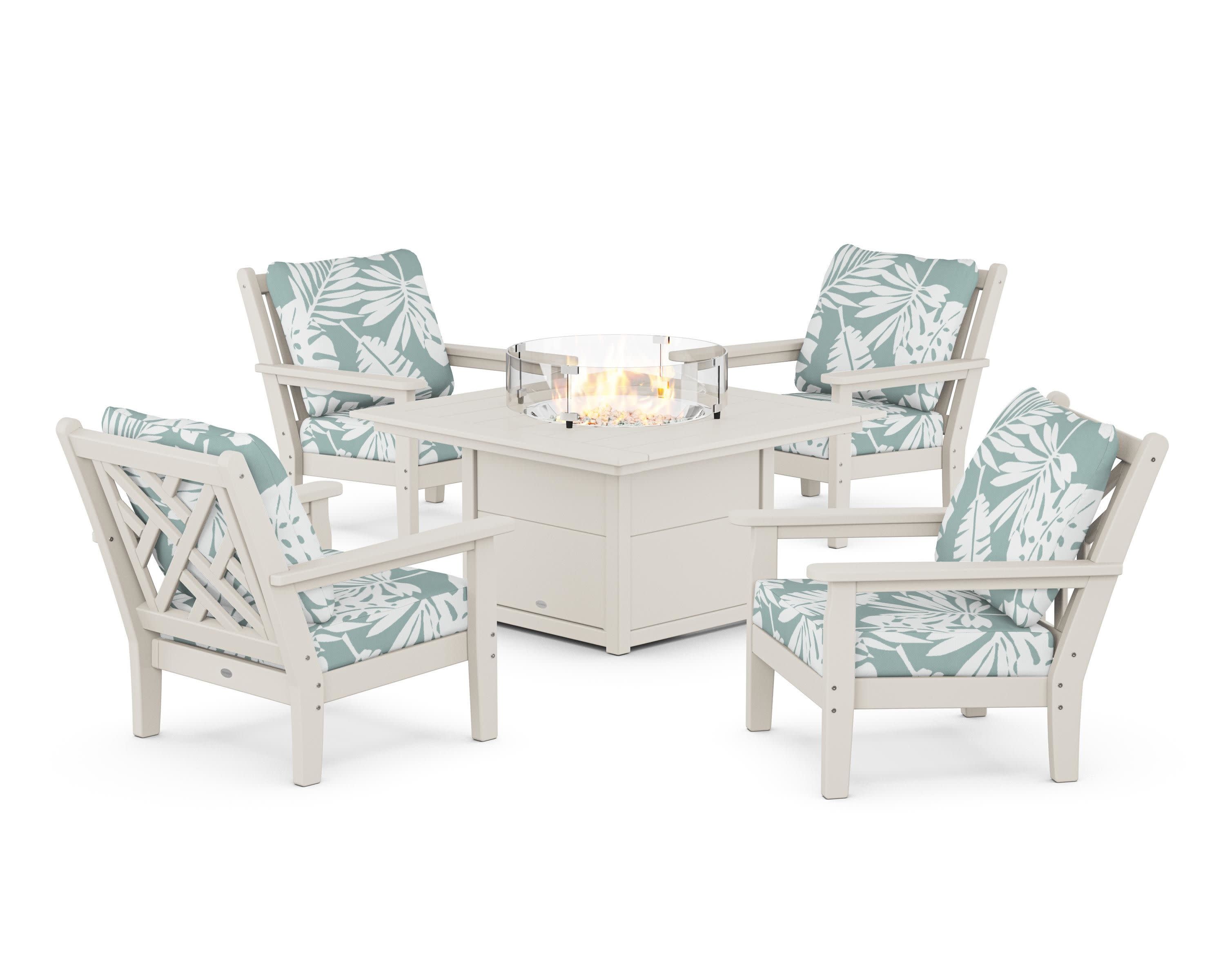 Chippendale 5-Piece Deep Seating Set with Fire Pit Table in Sand / Leaf Glacier Spa