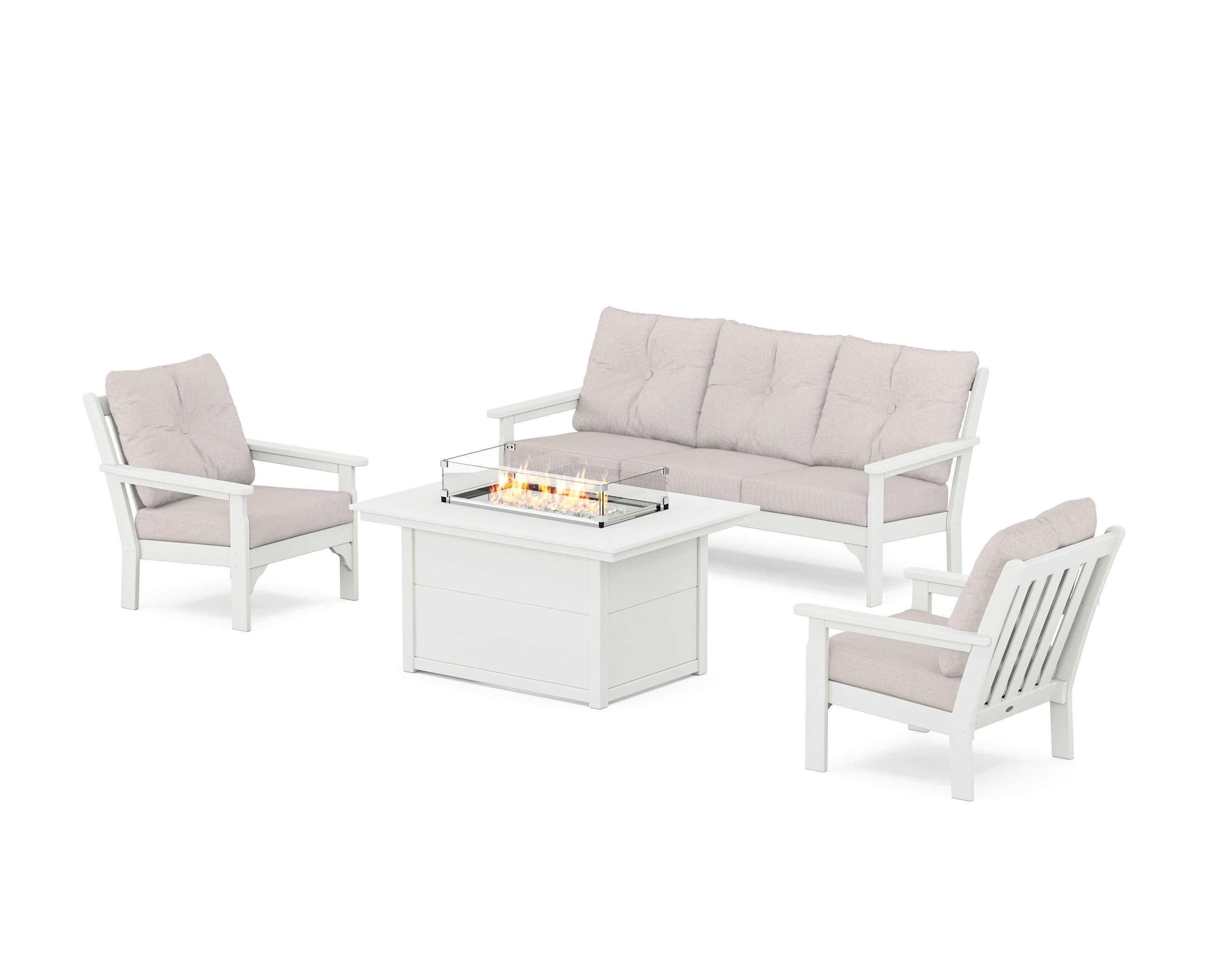 Vineyard Deep Seating Fire Pit Table Set in Vintage White / Dune Burlap