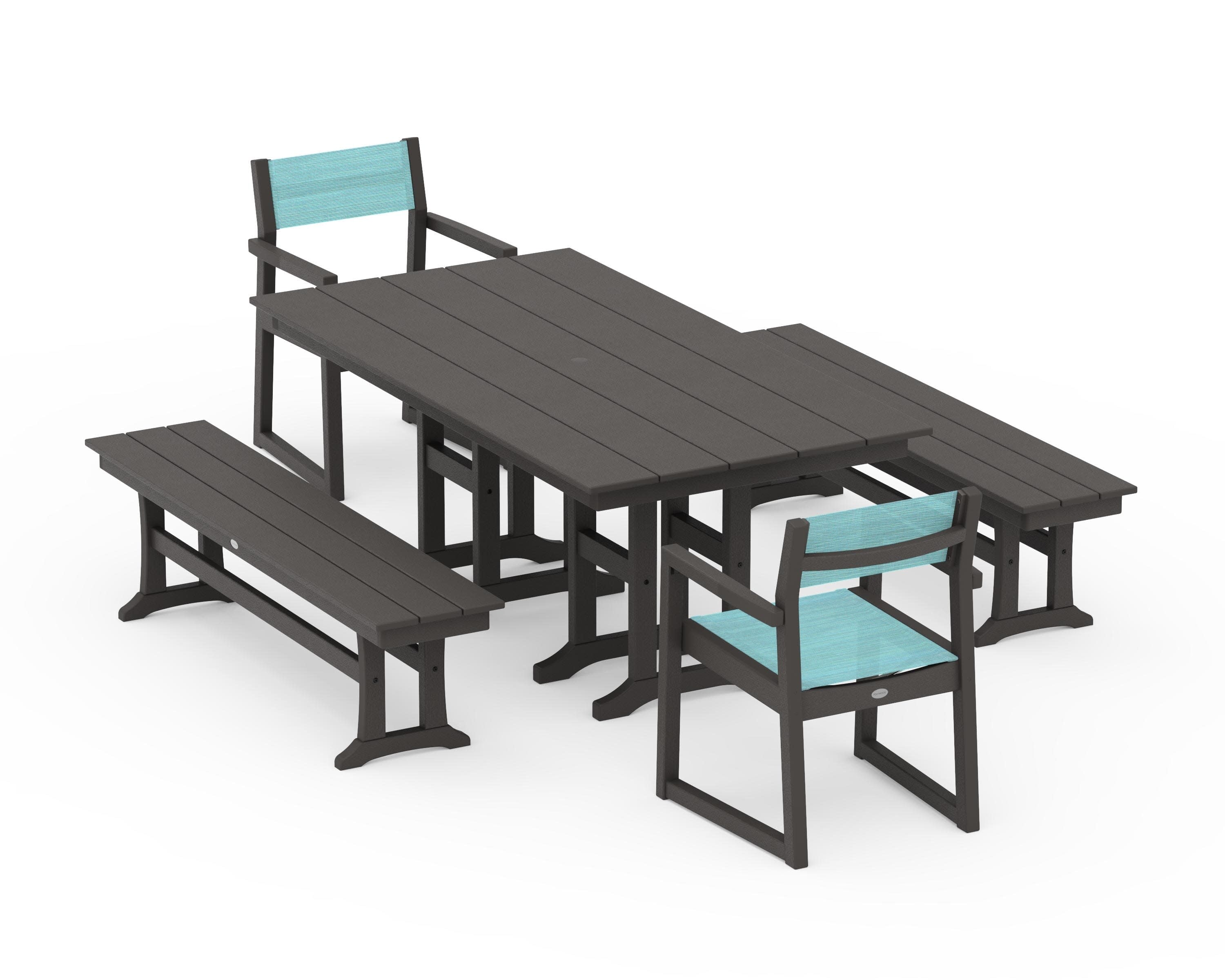 EDGE Sling Arm Chair 5-Piece Farmhouse Dining Set with Benches in Vintage Coffee / Dupioni Aquamarine Sling