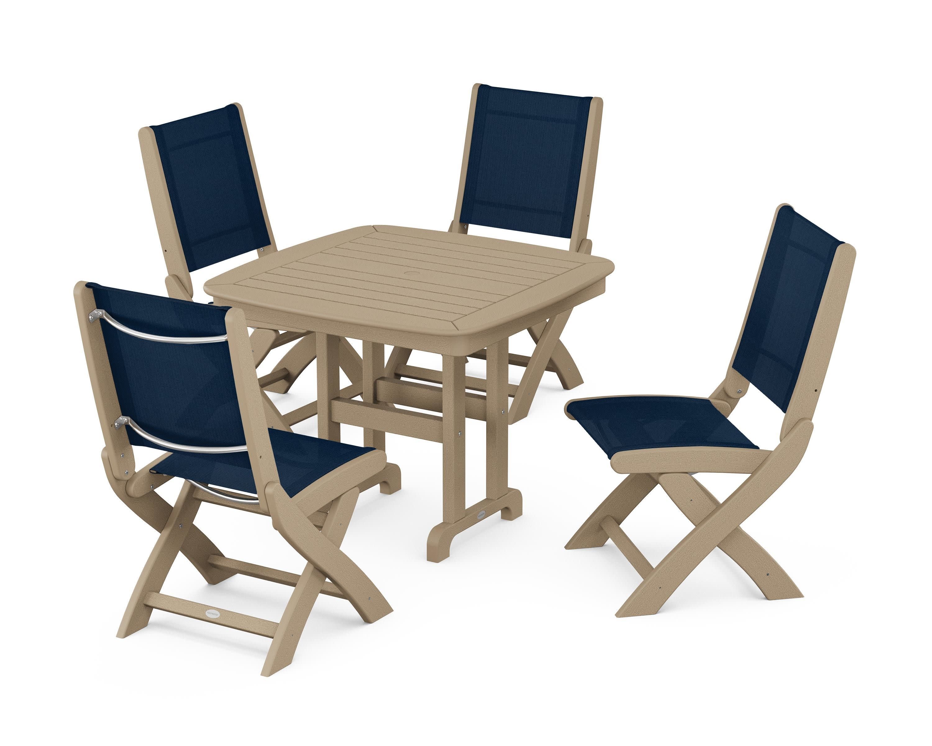 Coastal Folding Side Chair 5-Piece Dining Set in Vintage Sahara / Navy Blue Sling