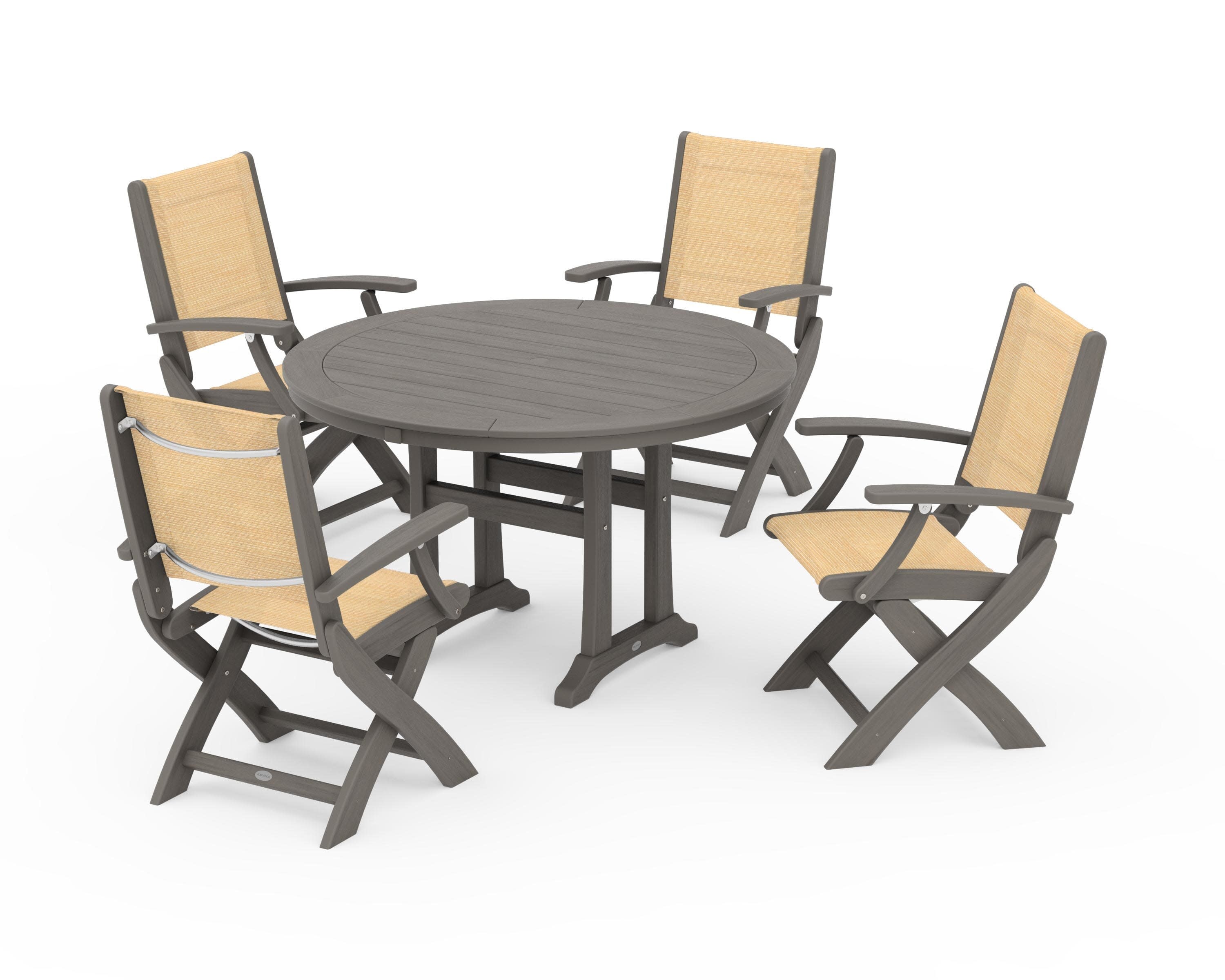 Coastal Folding Chair 5-Piece Round Dining Set with Trestle Legs in Driftwood / Dupioni Apricot Sling