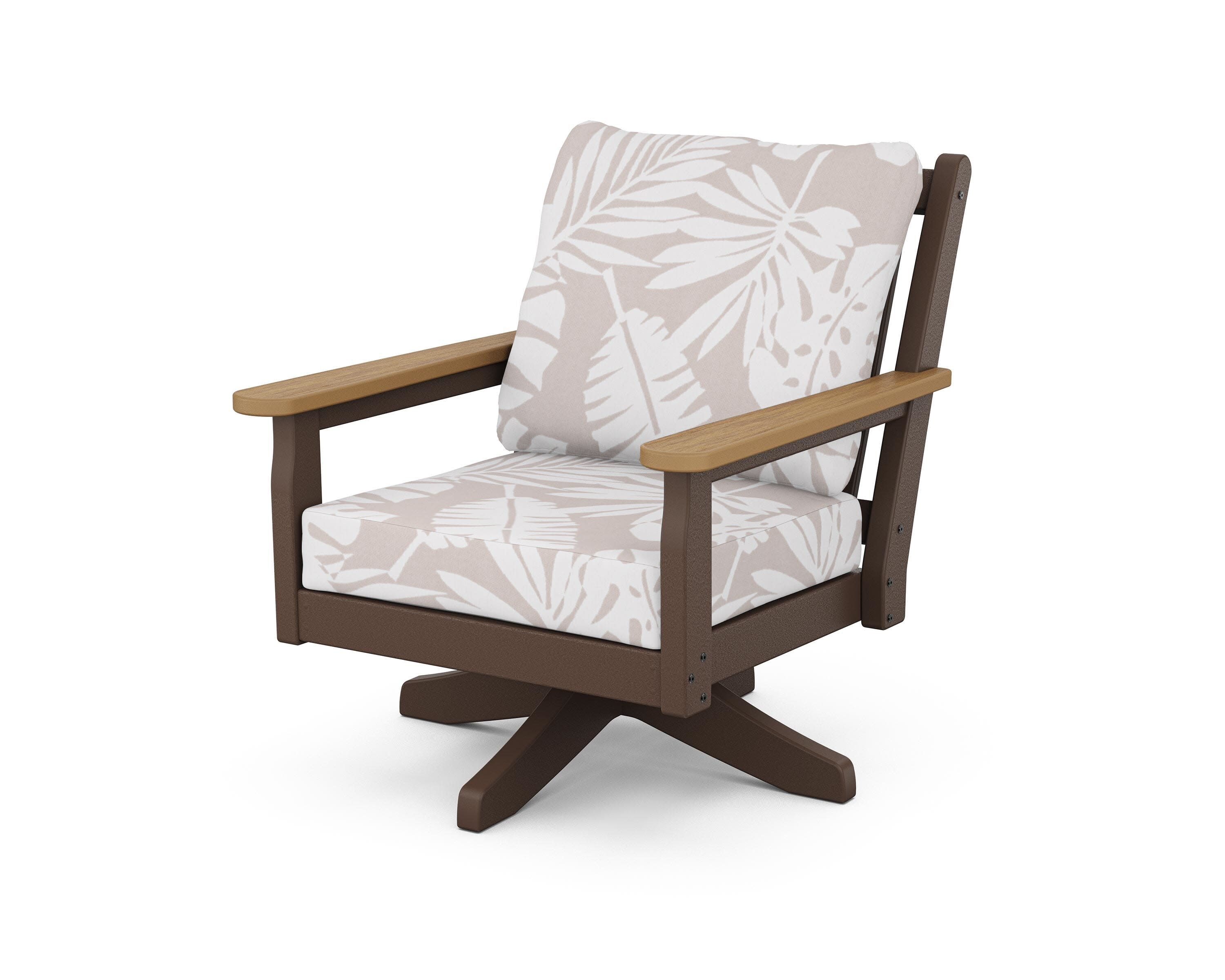 Chippendale Deep Seating Swivel Chair in Mahogany / Natural / Leaf Dune Burlap
