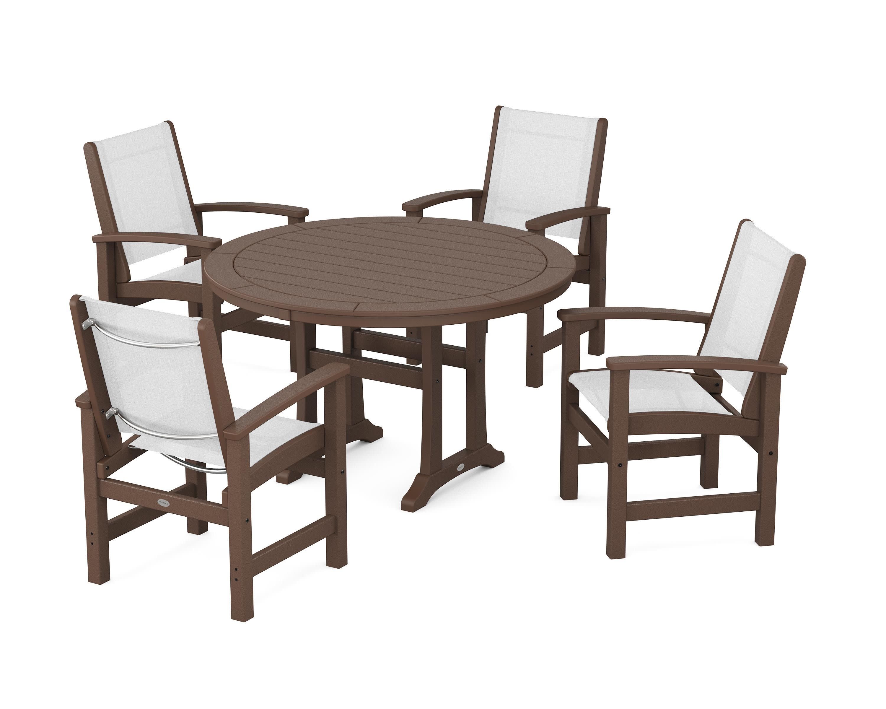 Coastal 5-Piece Round Dining Set with Trestle Legs in Mahogany / White Sling
