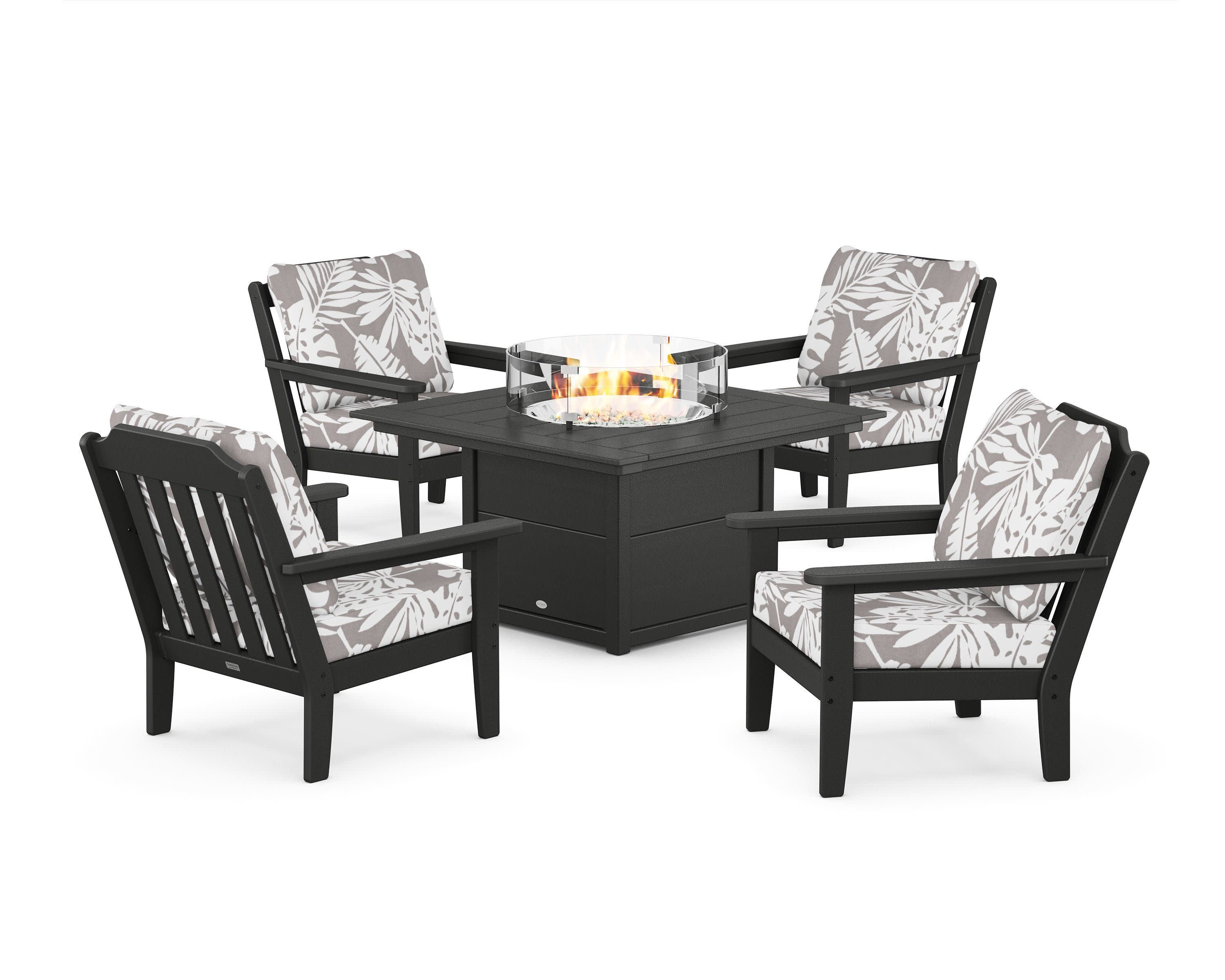 Cottage 5-Piece Deep Seating Set with Fire Pit Table in Black / Leaf Grey Mist
