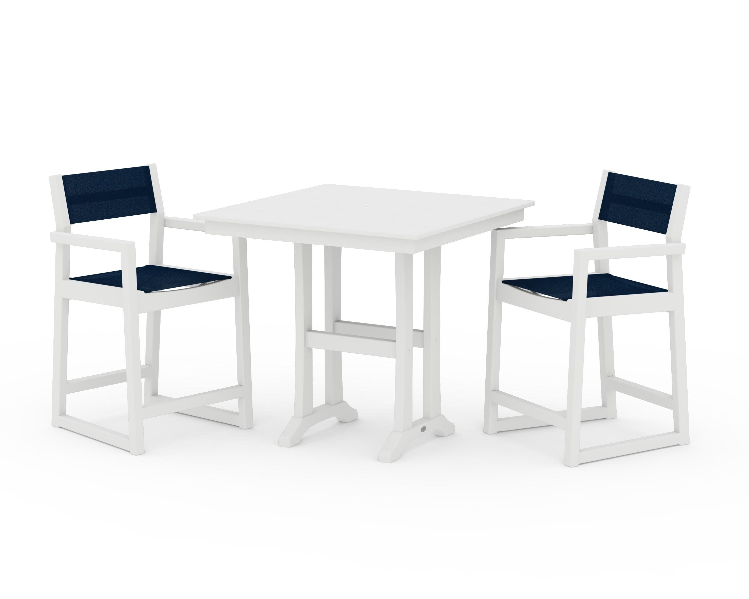 EDGE Sling Arm Chair 3-Piece Farmhouse Counter Set with Trestle Legs in White / Navy Blue Sling