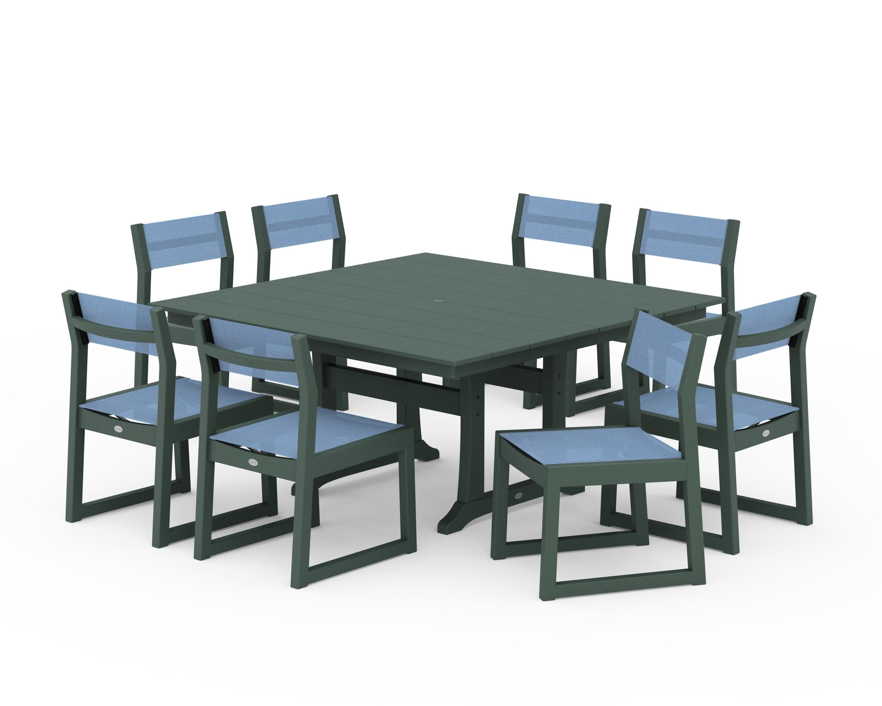 EDGE Sling Side Chair 9-Piece Farmhouse Trestle Dining Set in Green / Poolside Sling