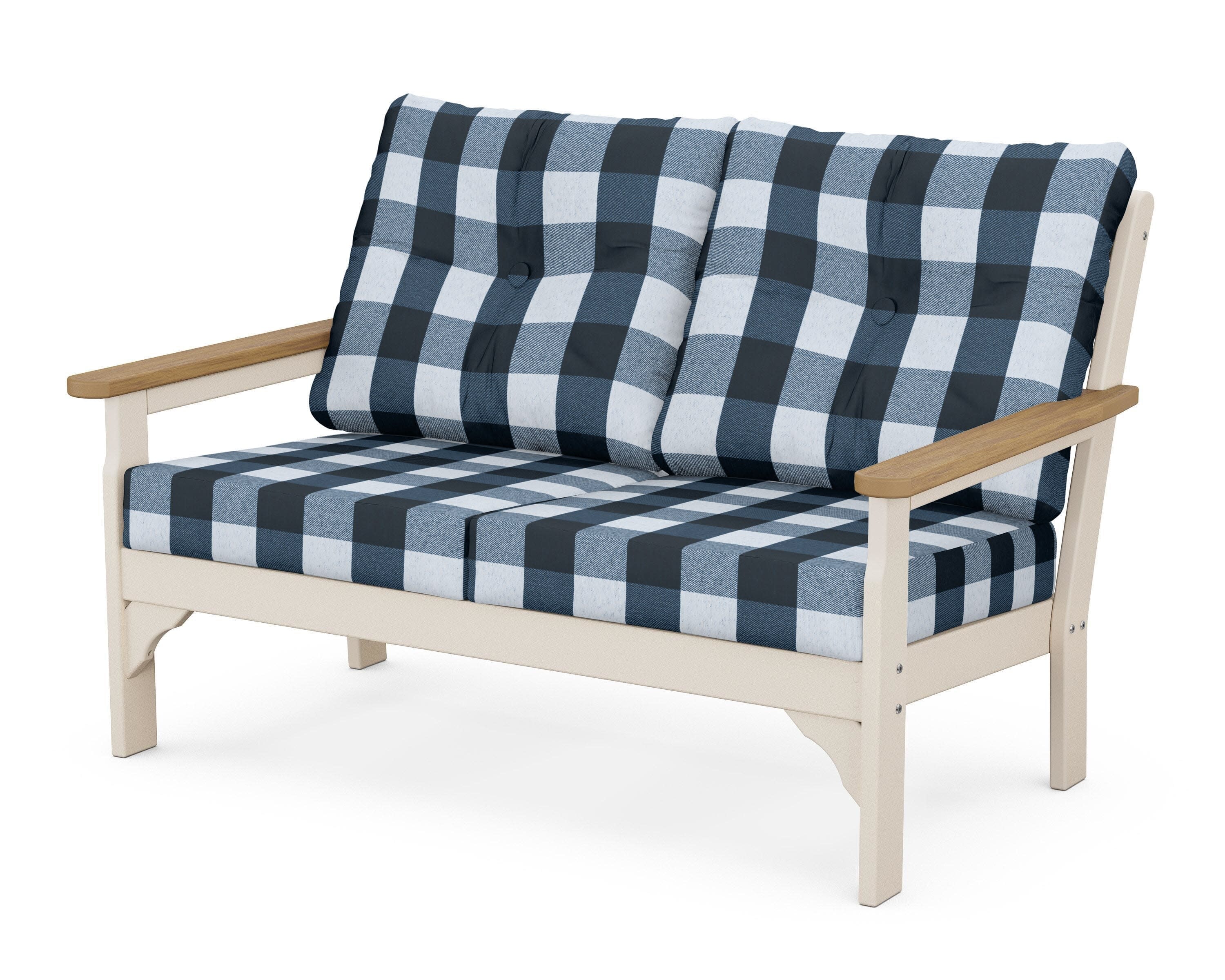 Vineyard Deep Seating Loveseat in Sand / Natural / Buffalo Plaid Marine Indigo