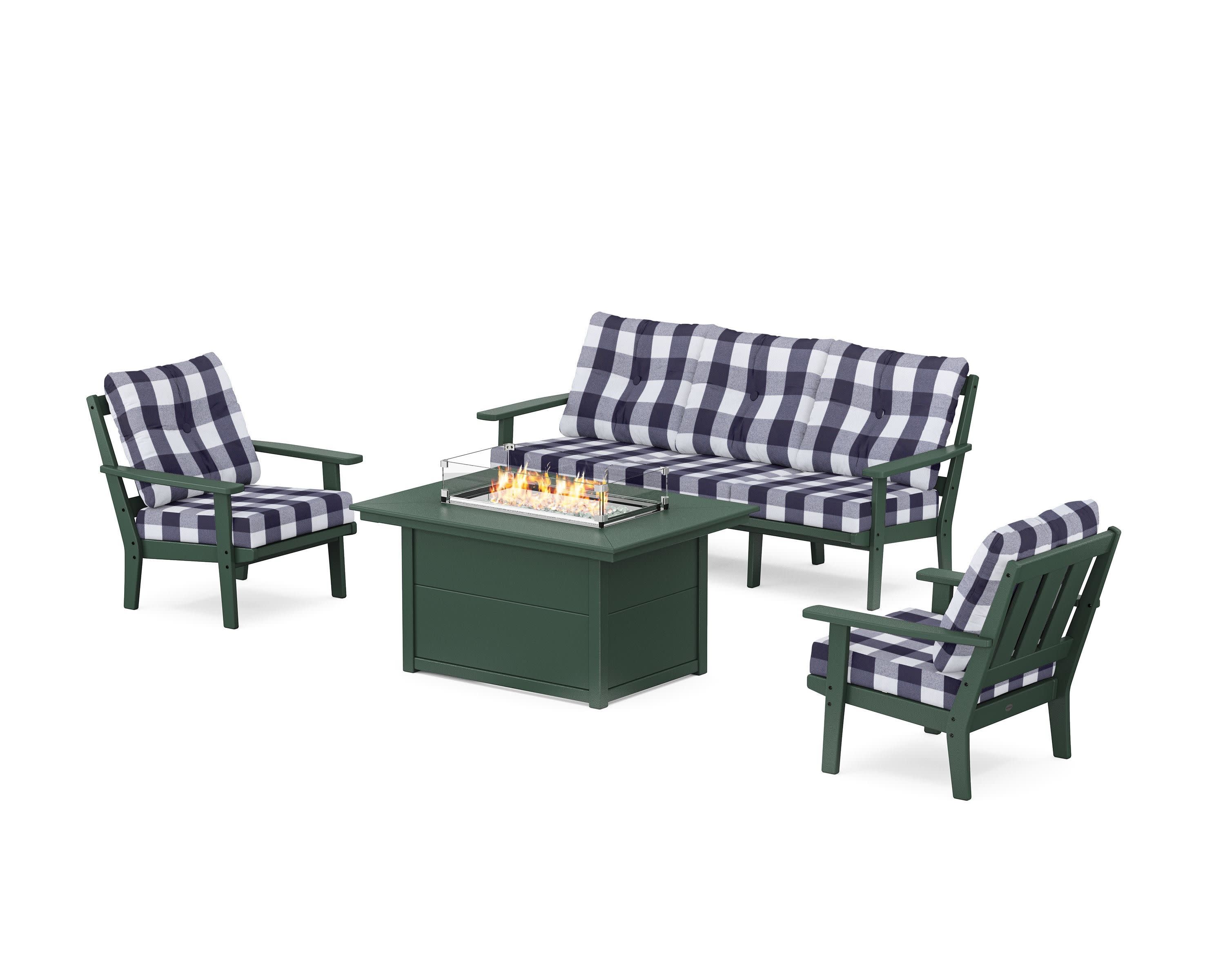 Oxford Deep Seating Fire Pit Table Set in Green / Buffalo Plaid Navy