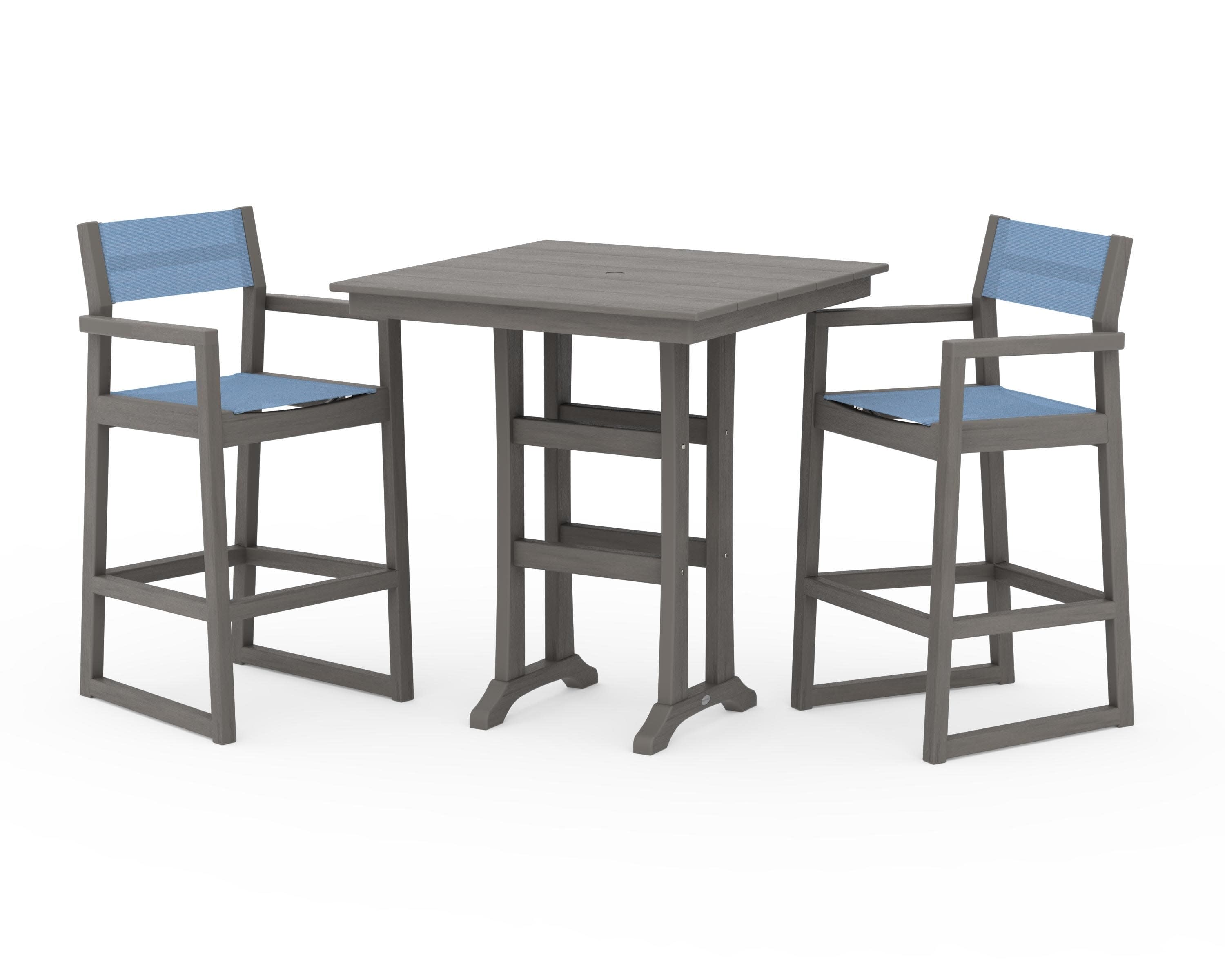 EDGE Sling Arm Chair 3-Piece Farmhouse Bar Set with Trestle Legs in Driftwood / Poolside Sling