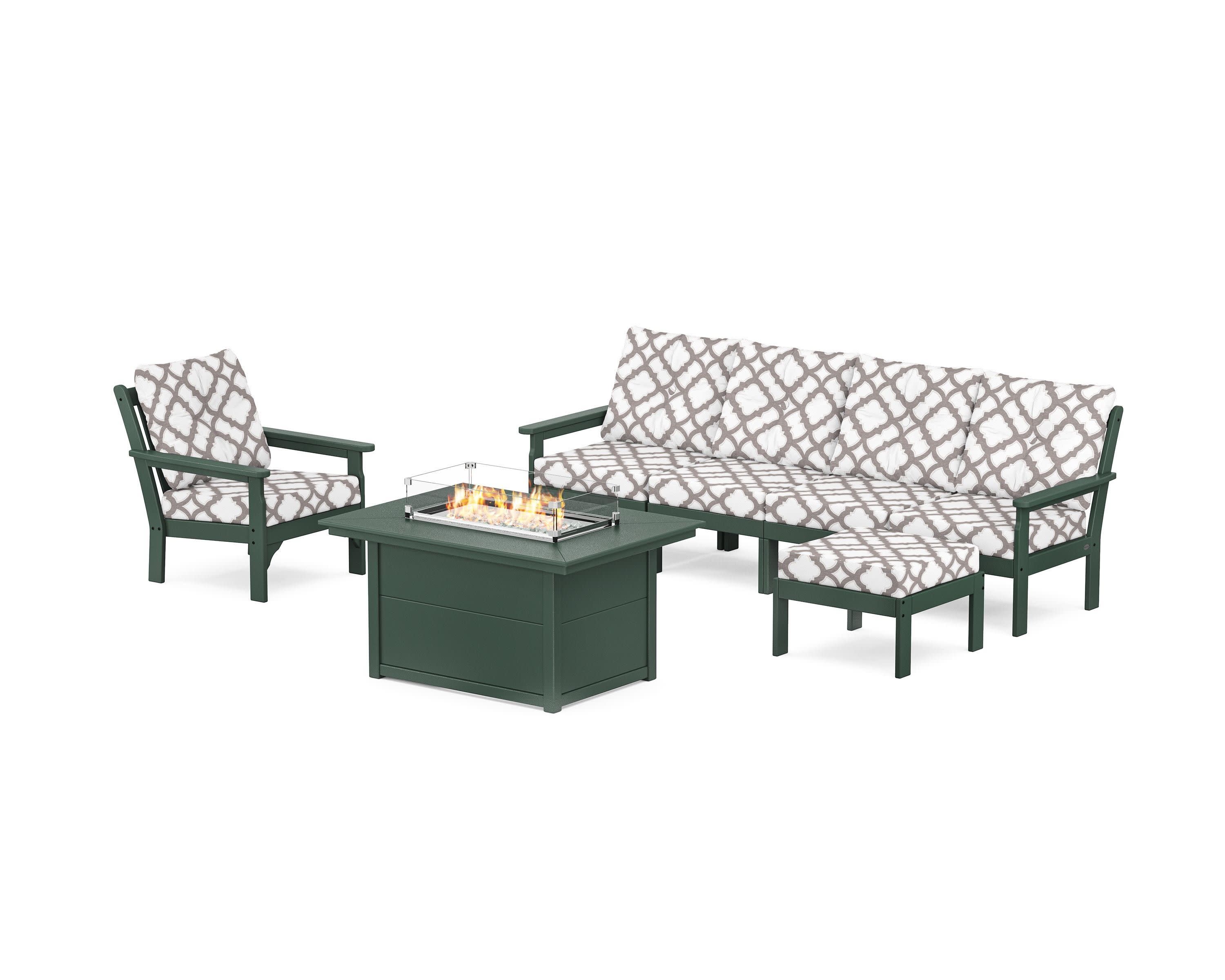 Vineyard Sectional Lounge and Fire Pit Set in Green / Trellis Grey Mist