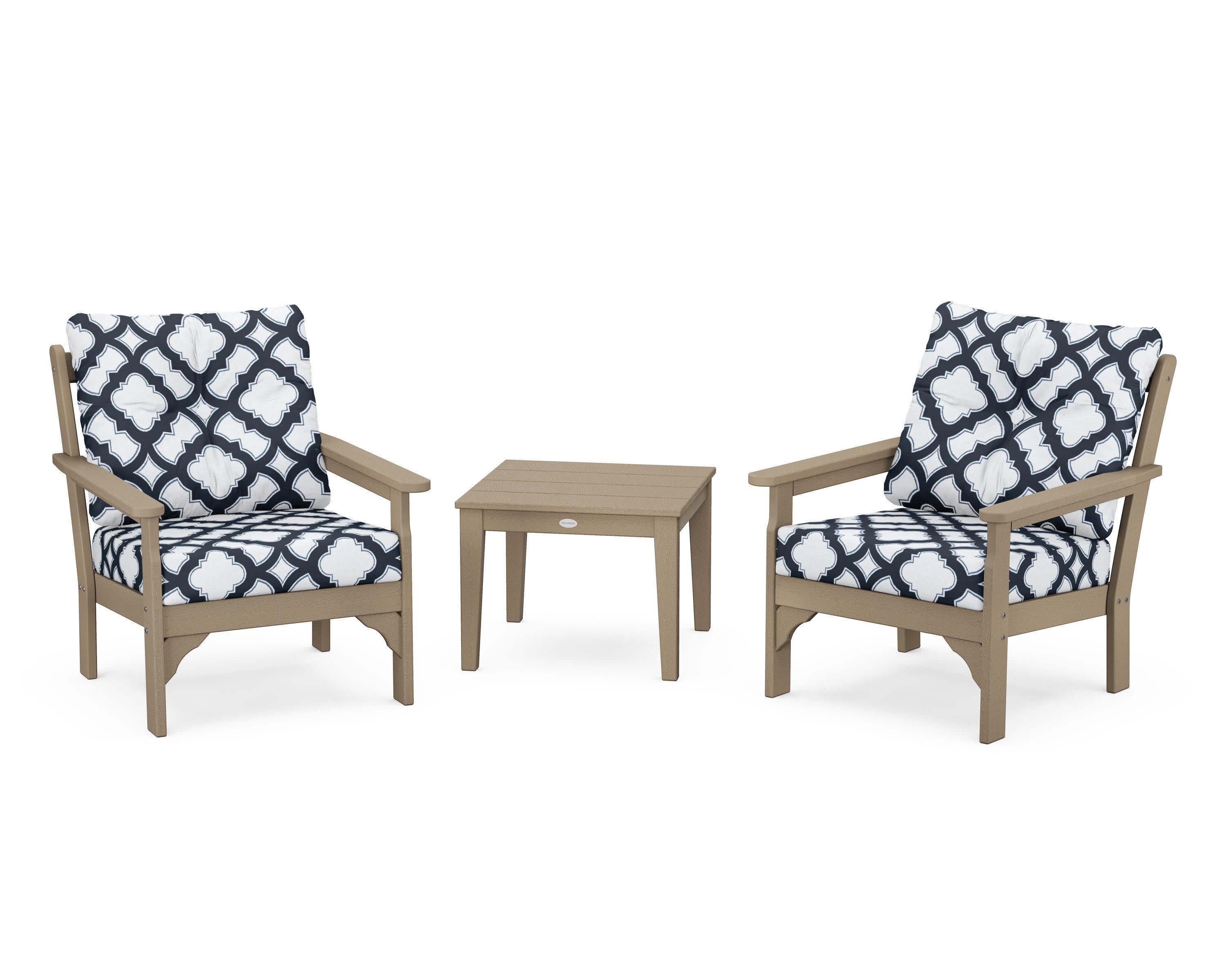 Vineyard 3-Piece Deep Seating Set in Vintage Sahara / Trellis Marine Indigo