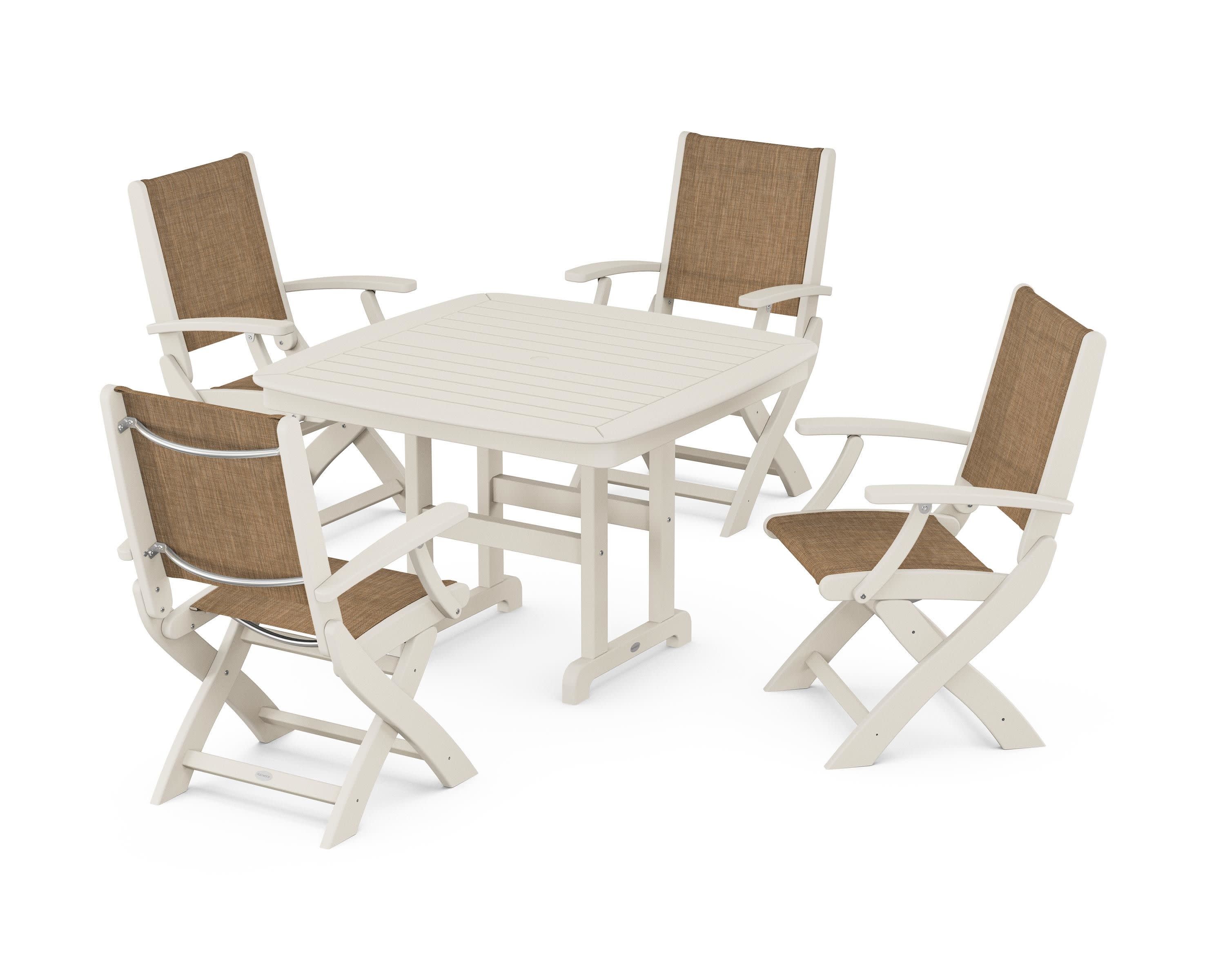 Coastal Folding Chair 5-Piece Dining Set in Sand / Burlap Sling