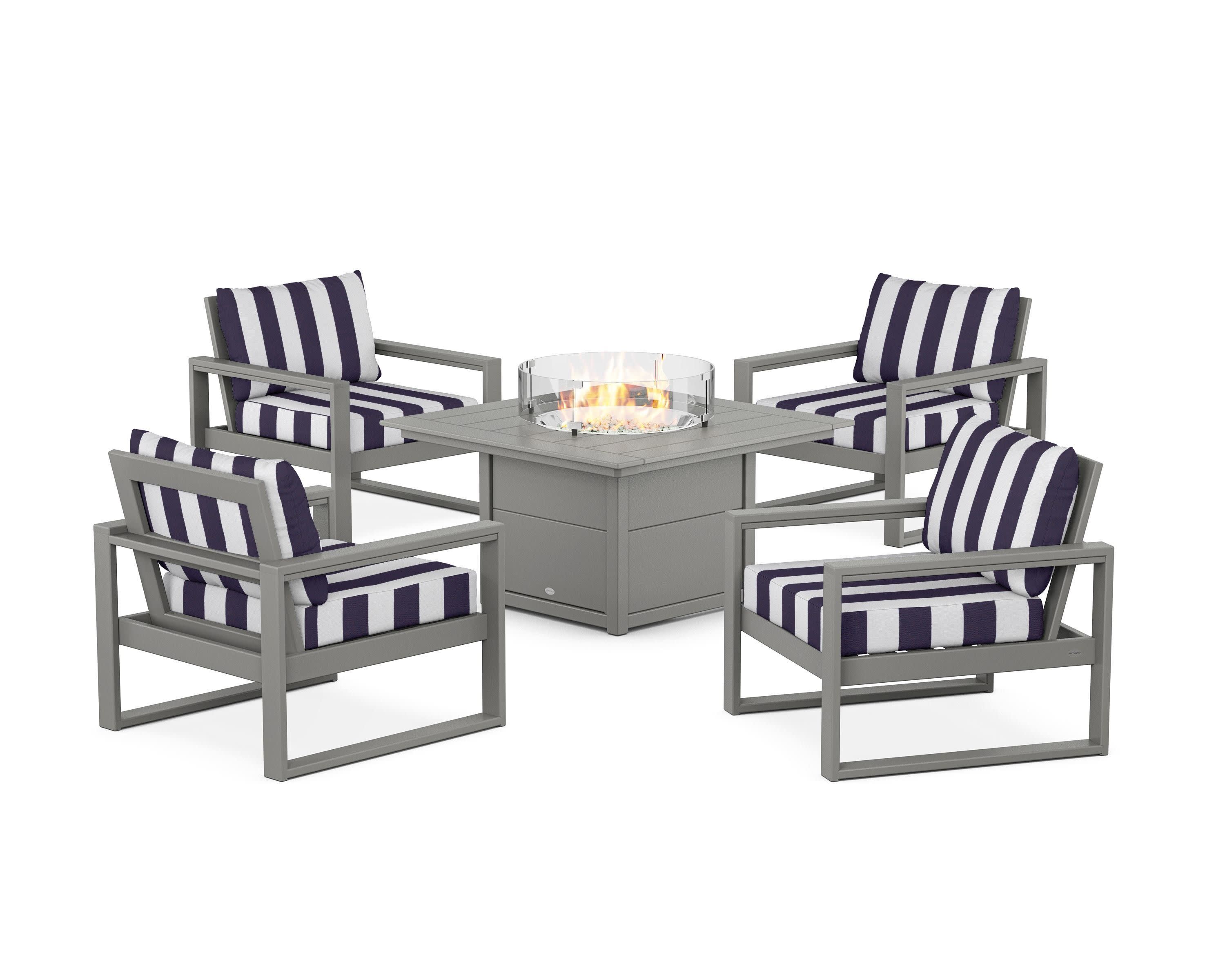 EDGE Sectional 5-Piece Deep Seating Set with Fire Pit Table in Slate Grey / Cabana Stripe Navy